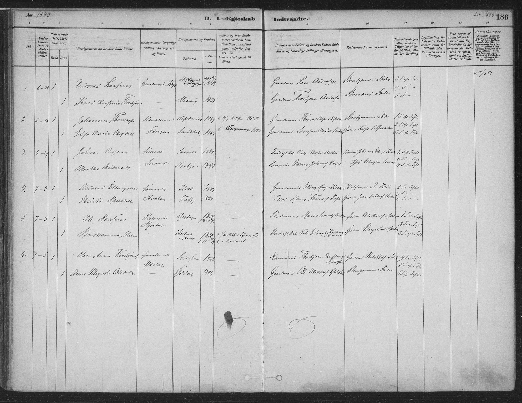 Fusa sokneprestembete, SAB/A-75401/H/Haa: Parish register (official) no. D 1, 1880-1938, p. 186