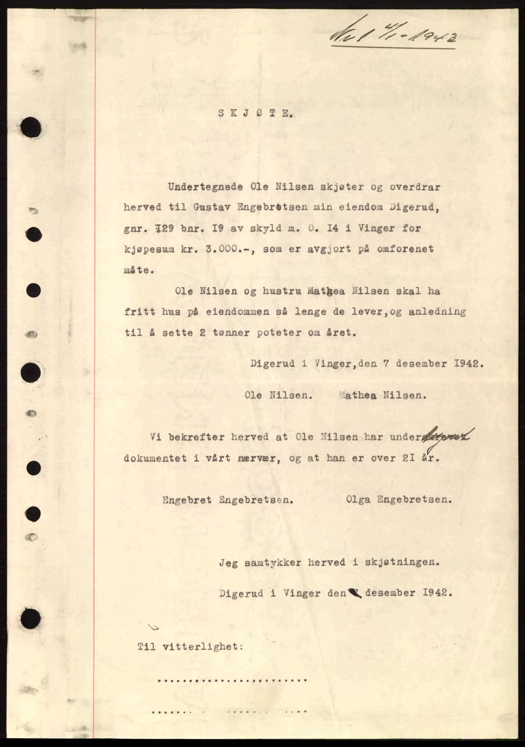 Vinger og Odal sorenskriveri, SAH/TING-022/H/Hb/Hbe/L0011: Mortgage book no. A11, 1943-1943, Diary no: : 1/1943