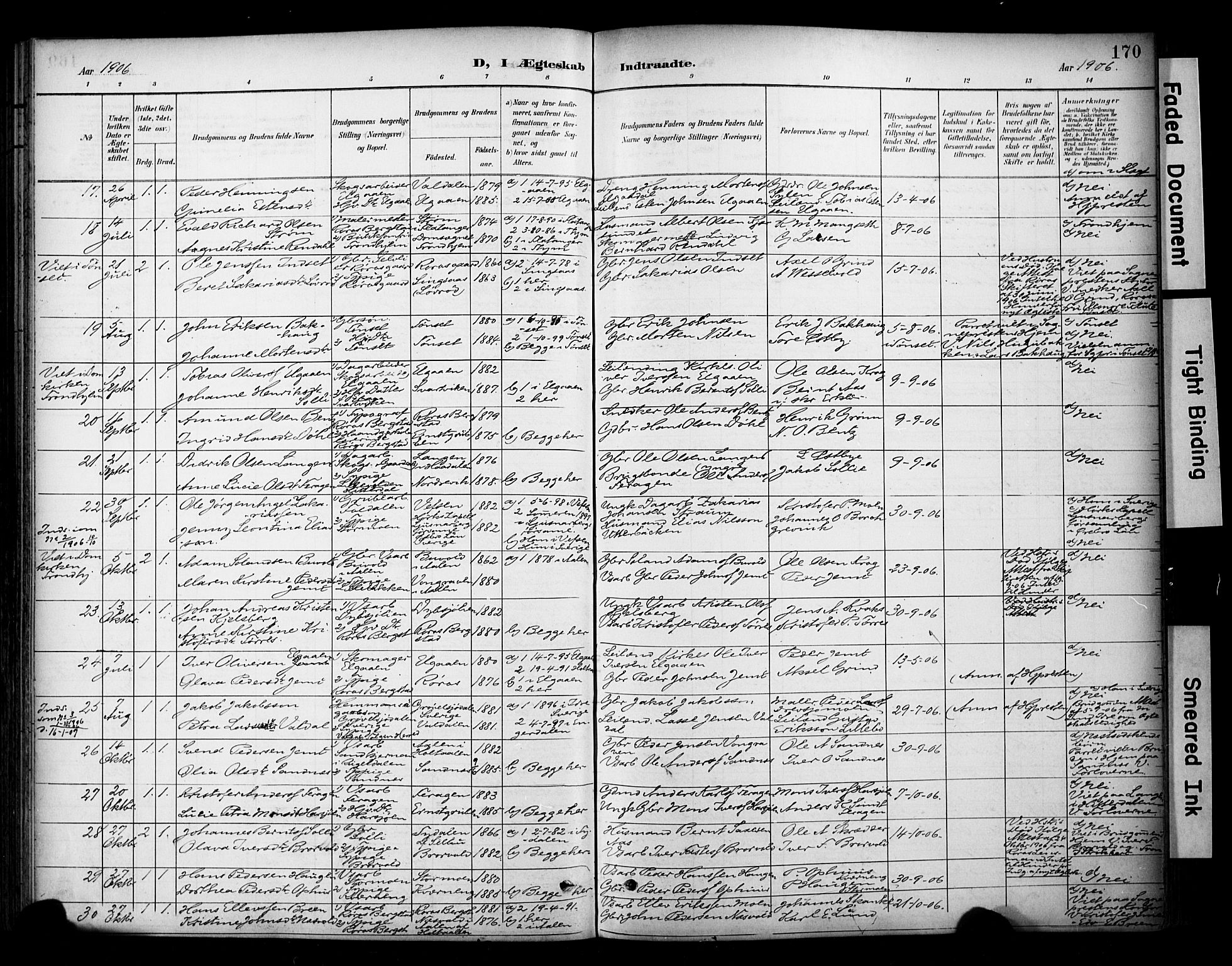 Ministerialprotokoller, klokkerbøker og fødselsregistre - Sør-Trøndelag, SAT/A-1456/681/L0936: Parish register (official) no. 681A14, 1899-1908, p. 170