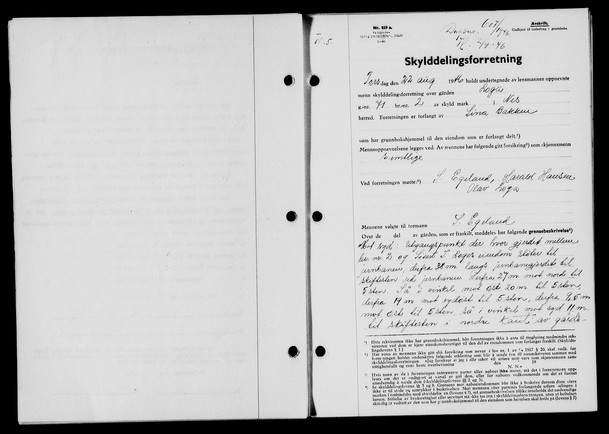 Flekkefjord sorenskriveri, SAK/1221-0001/G/Gb/Gba/L0060: Mortgage book no. A-8, 1945-1946, Diary no: : 607/1946