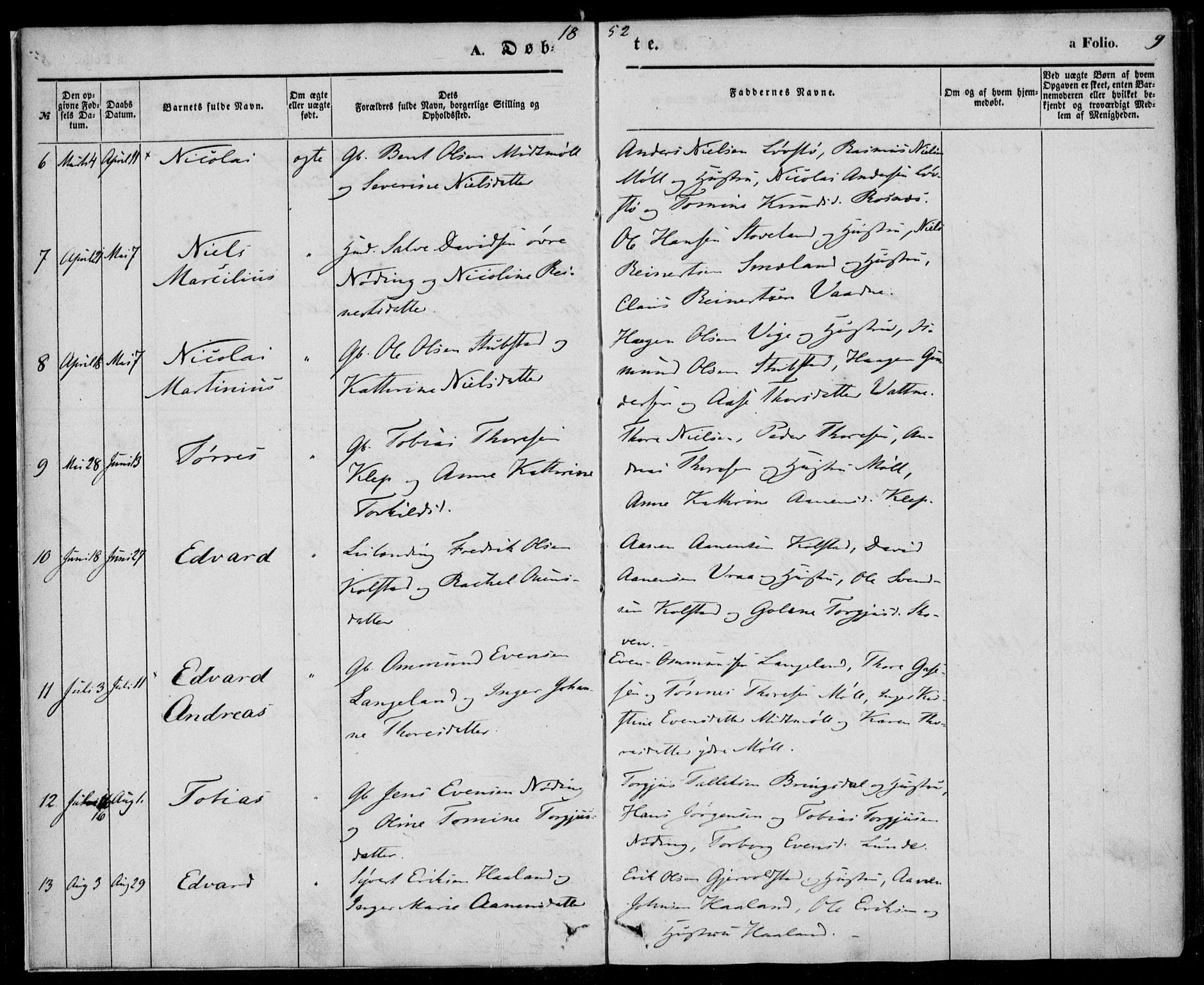 Holum sokneprestkontor, SAK/1111-0022/F/Fa/Faa/L0005: Parish register (official) no. A 5, 1850-1864, p. 9