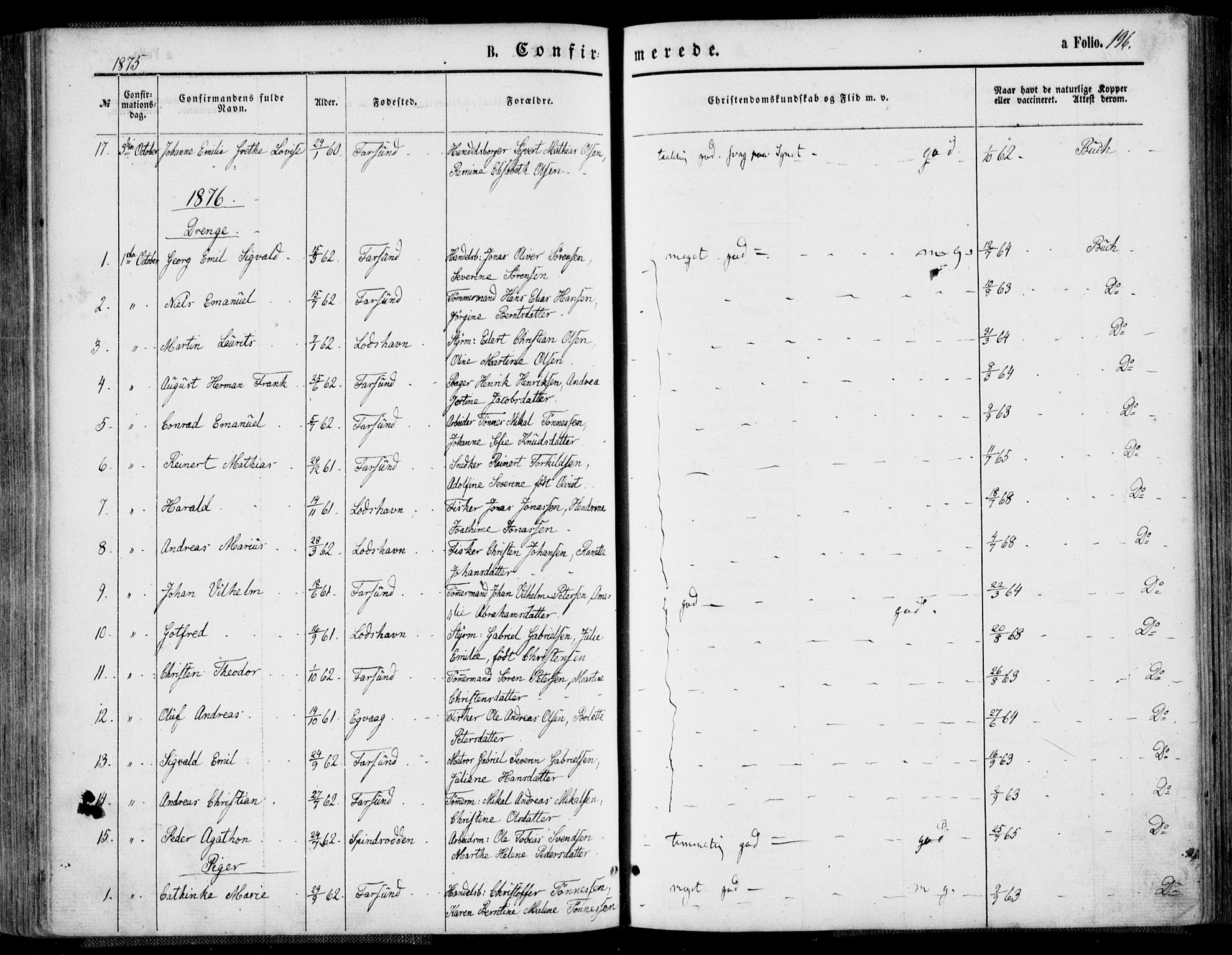 Farsund sokneprestkontor, SAK/1111-0009/F/Fa/L0005: Parish register (official) no. A 5, 1863-1886, p. 196
