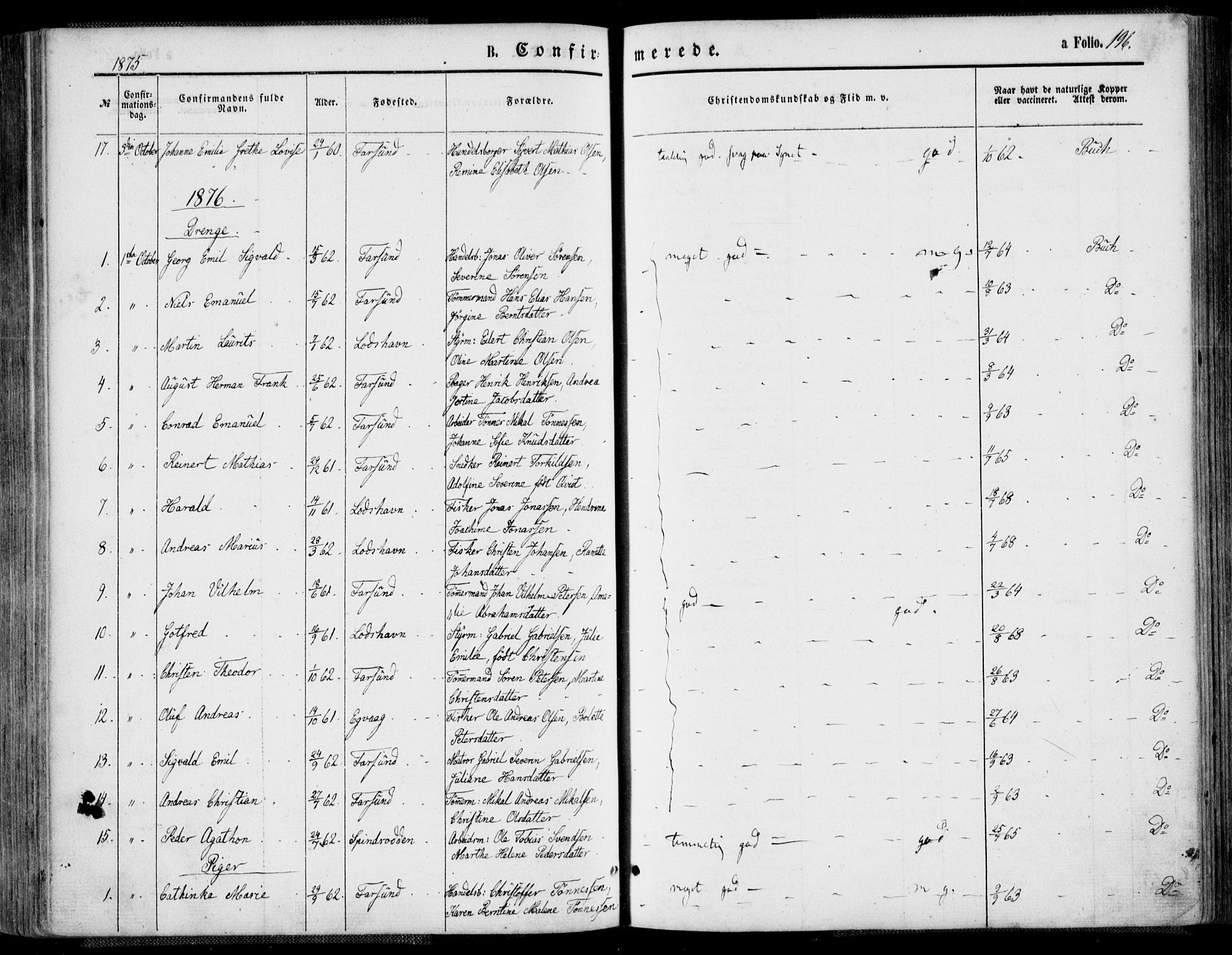 Farsund sokneprestkontor, AV/SAK-1111-0009/F/Fa/L0005: Parish register (official) no. A 5, 1863-1886, p. 196