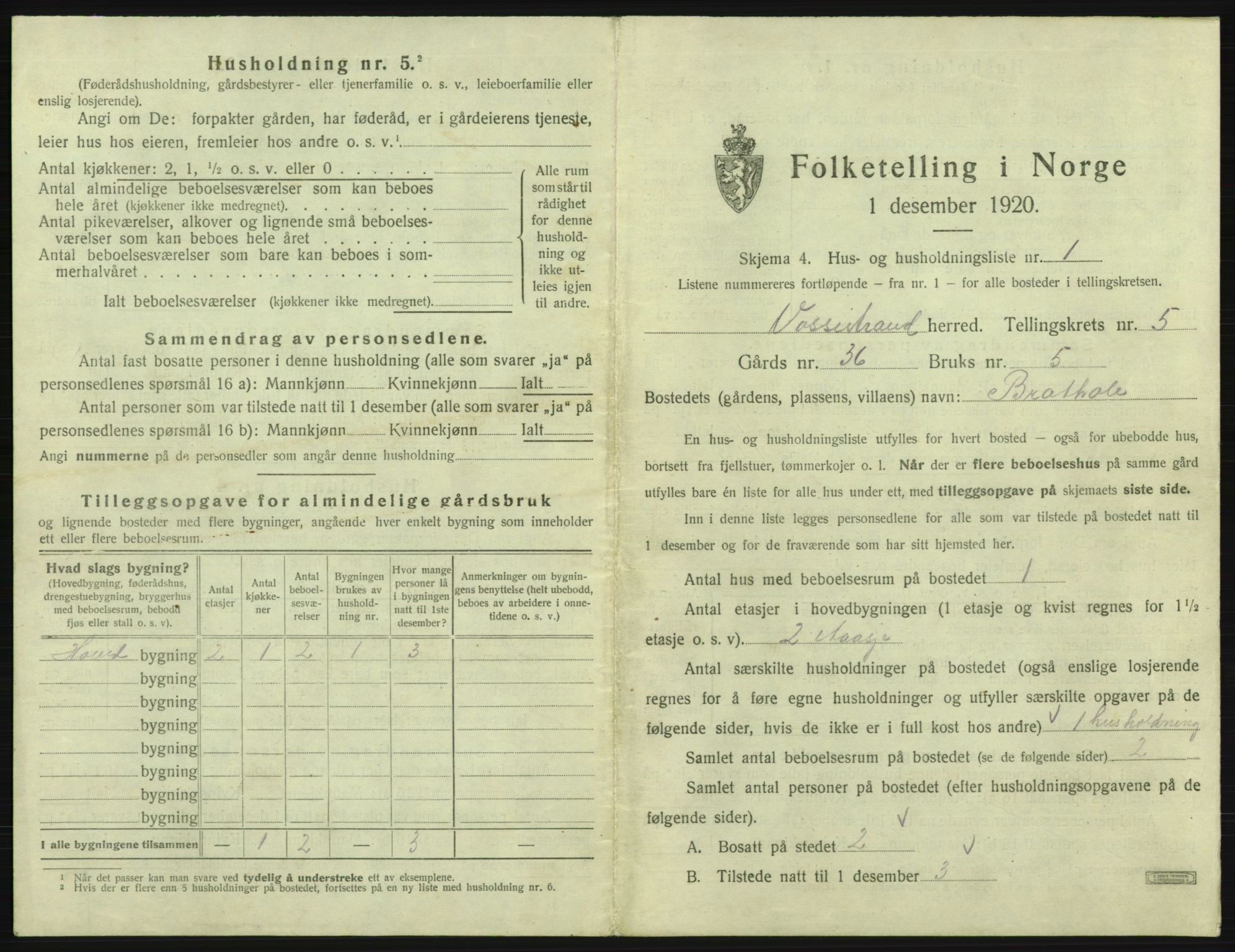 SAB, 1920 census for Vossestrand, 1920, p. 344