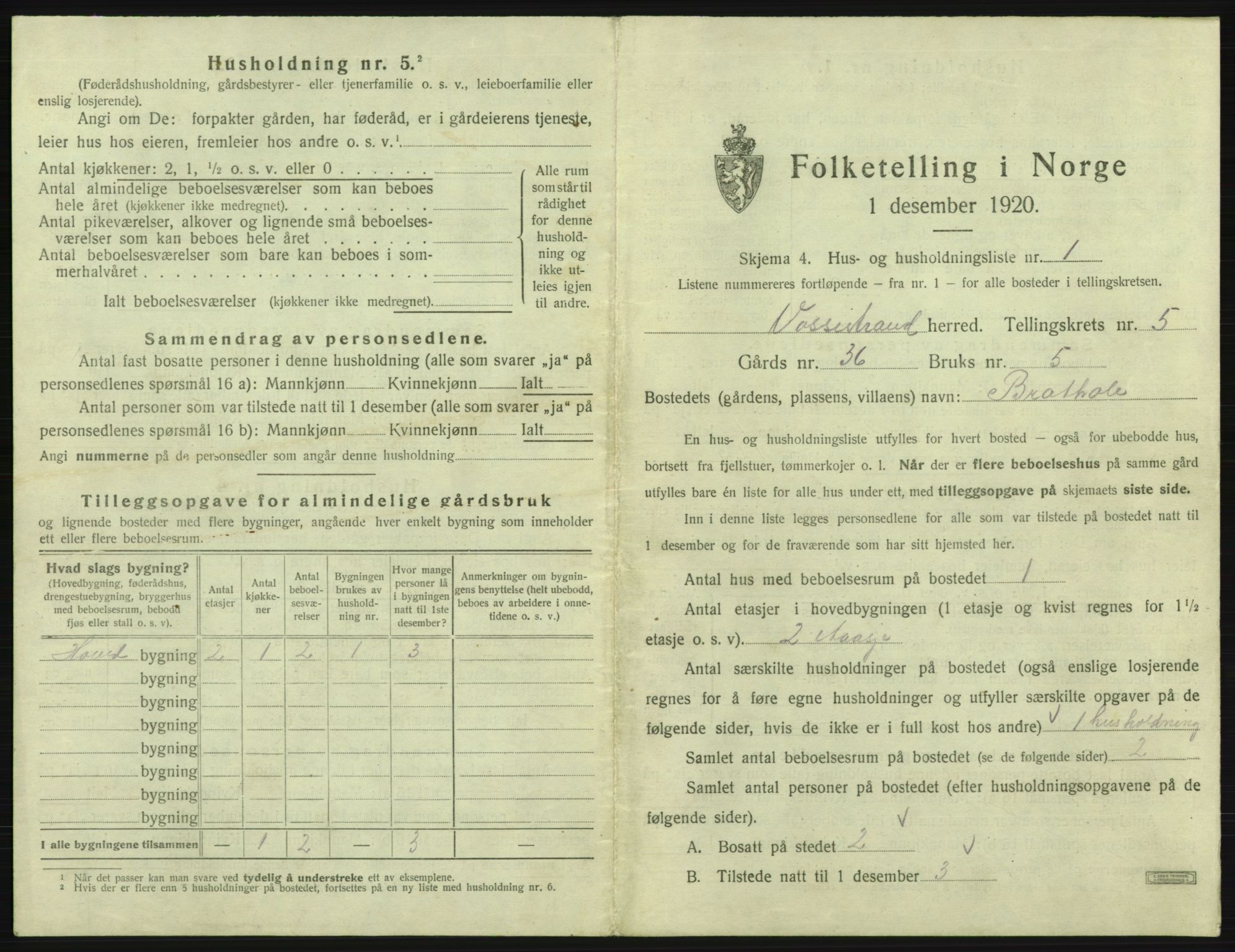 SAB, 1920 census for Vossestrand, 1920, p. 344