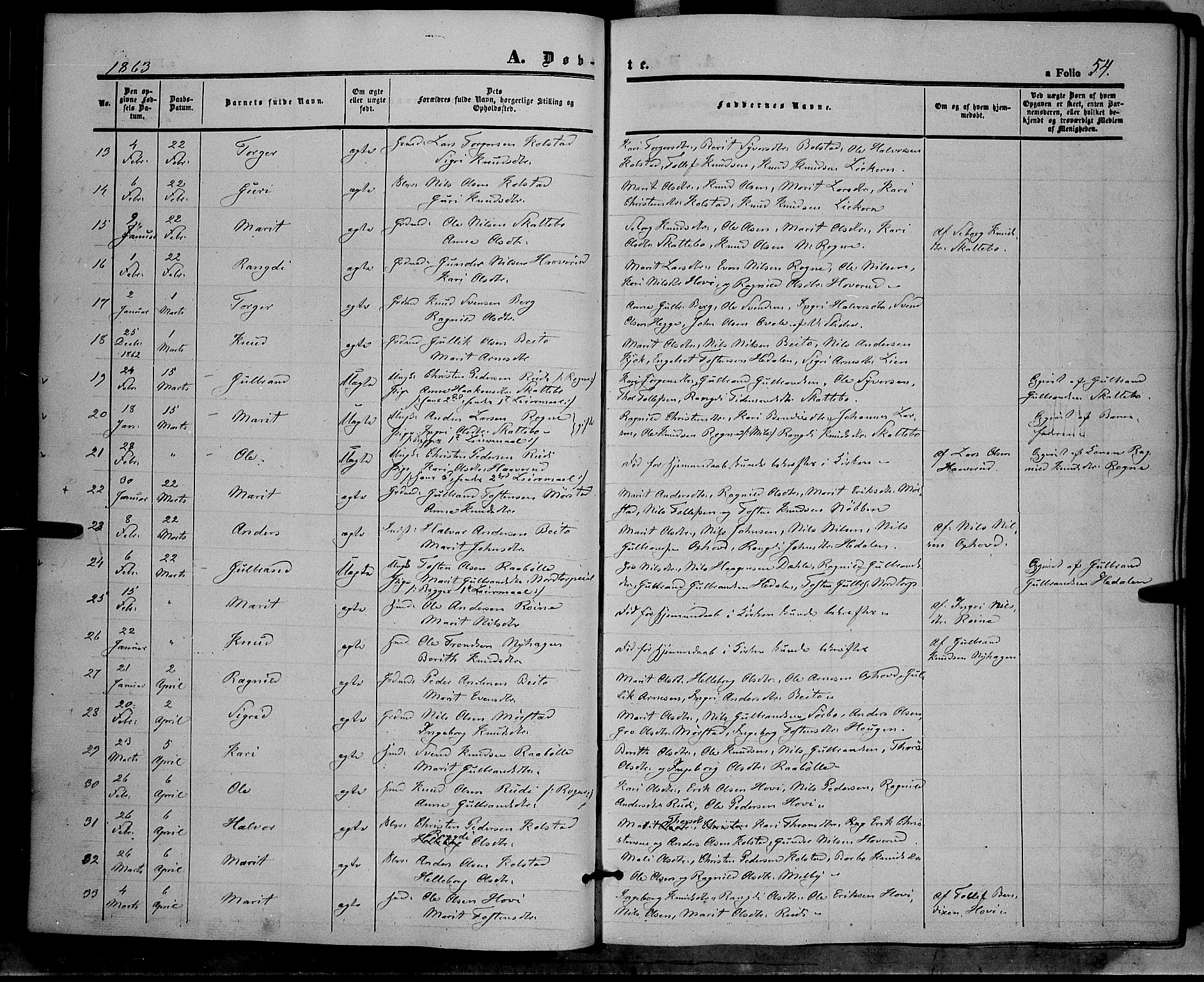 Øystre Slidre prestekontor, SAH/PREST-138/H/Ha/Haa/L0001: Parish register (official) no. 1, 1849-1874, p. 54
