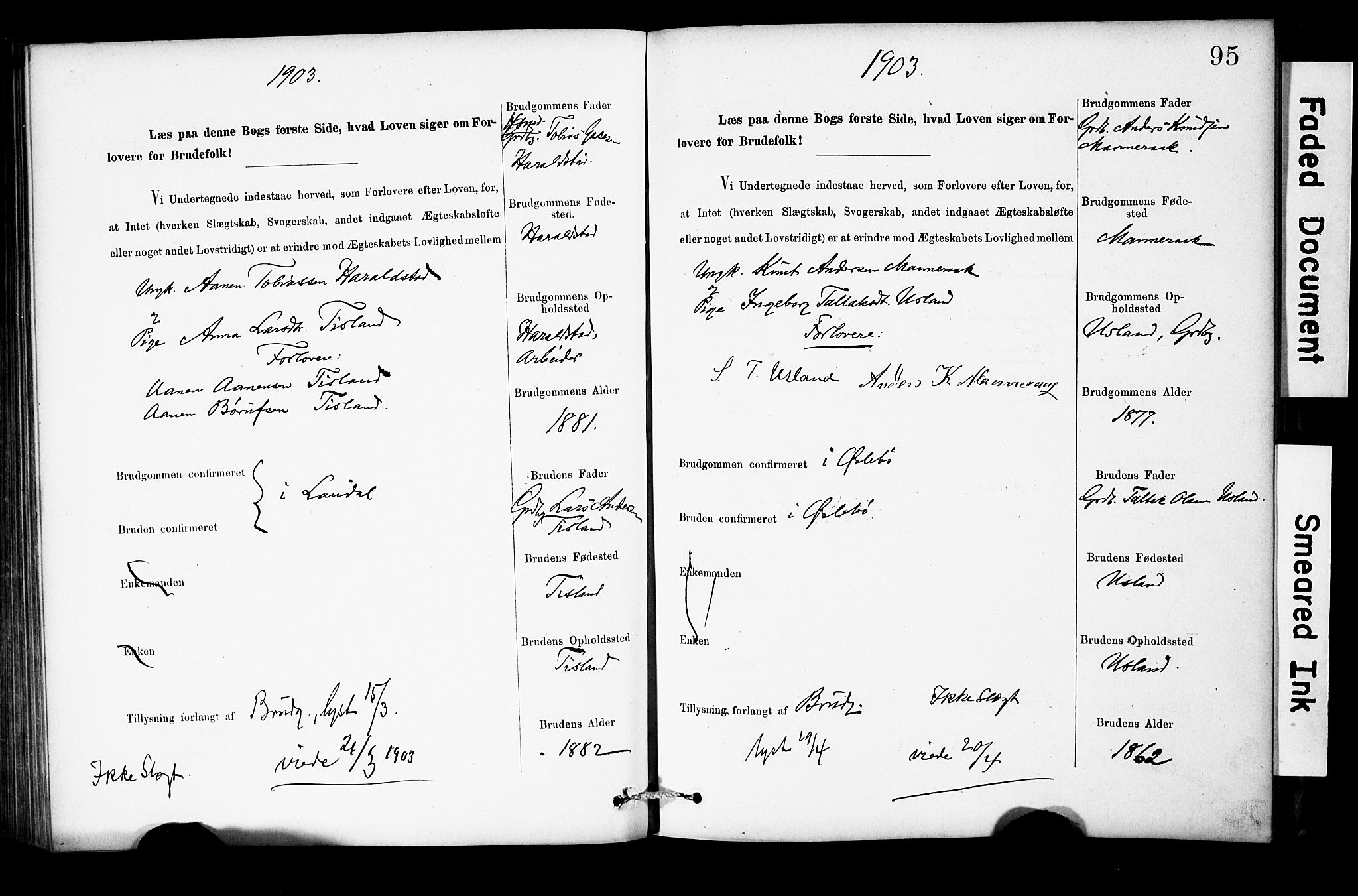 Holum sokneprestkontor, SAK/1111-0022/F/Fe/L0004: Banns register no. II 5 4, 1890-1914, p. 95