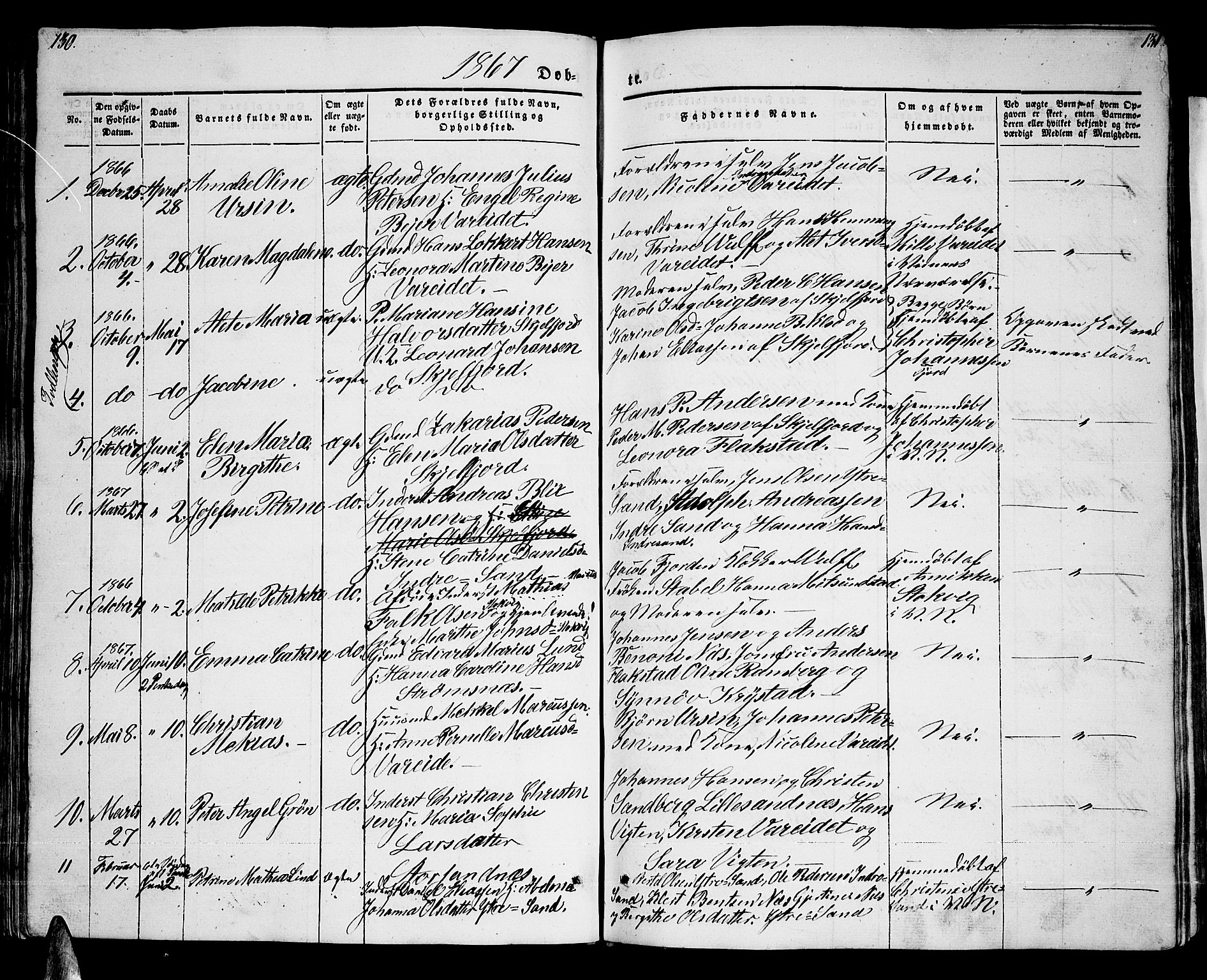 Ministerialprotokoller, klokkerbøker og fødselsregistre - Nordland, AV/SAT-A-1459/885/L1212: Parish register (copy) no. 885C01, 1847-1873, p. 130-131