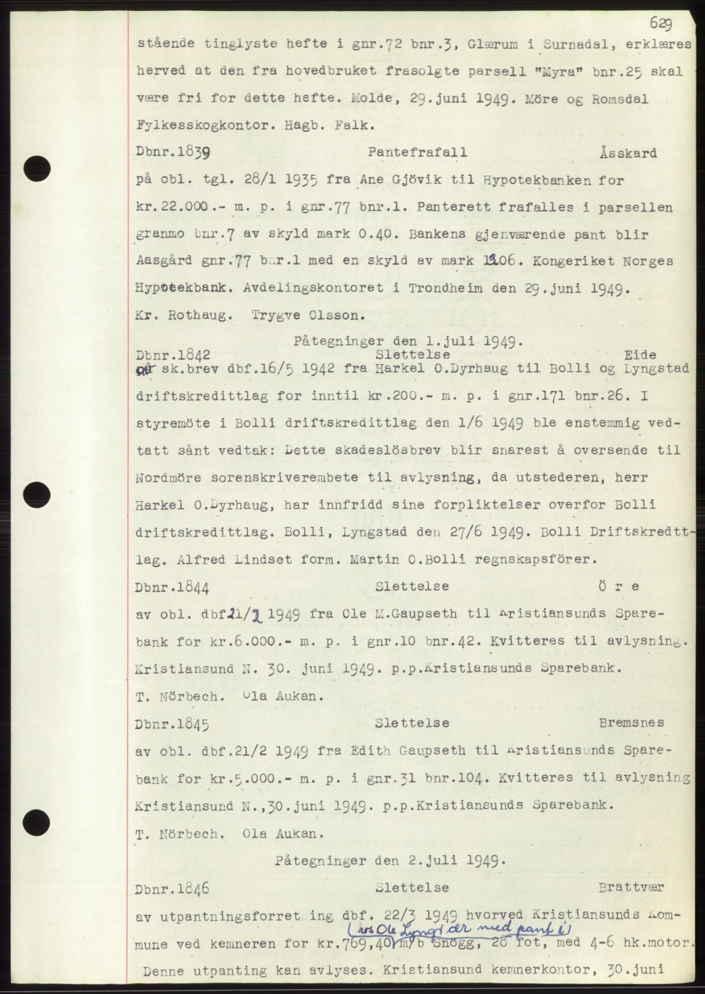 Nordmøre sorenskriveri, SAT/A-4132/1/2/2Ca: Mortgage book no. C82b, 1946-1951, Diary no: : 1839/1949