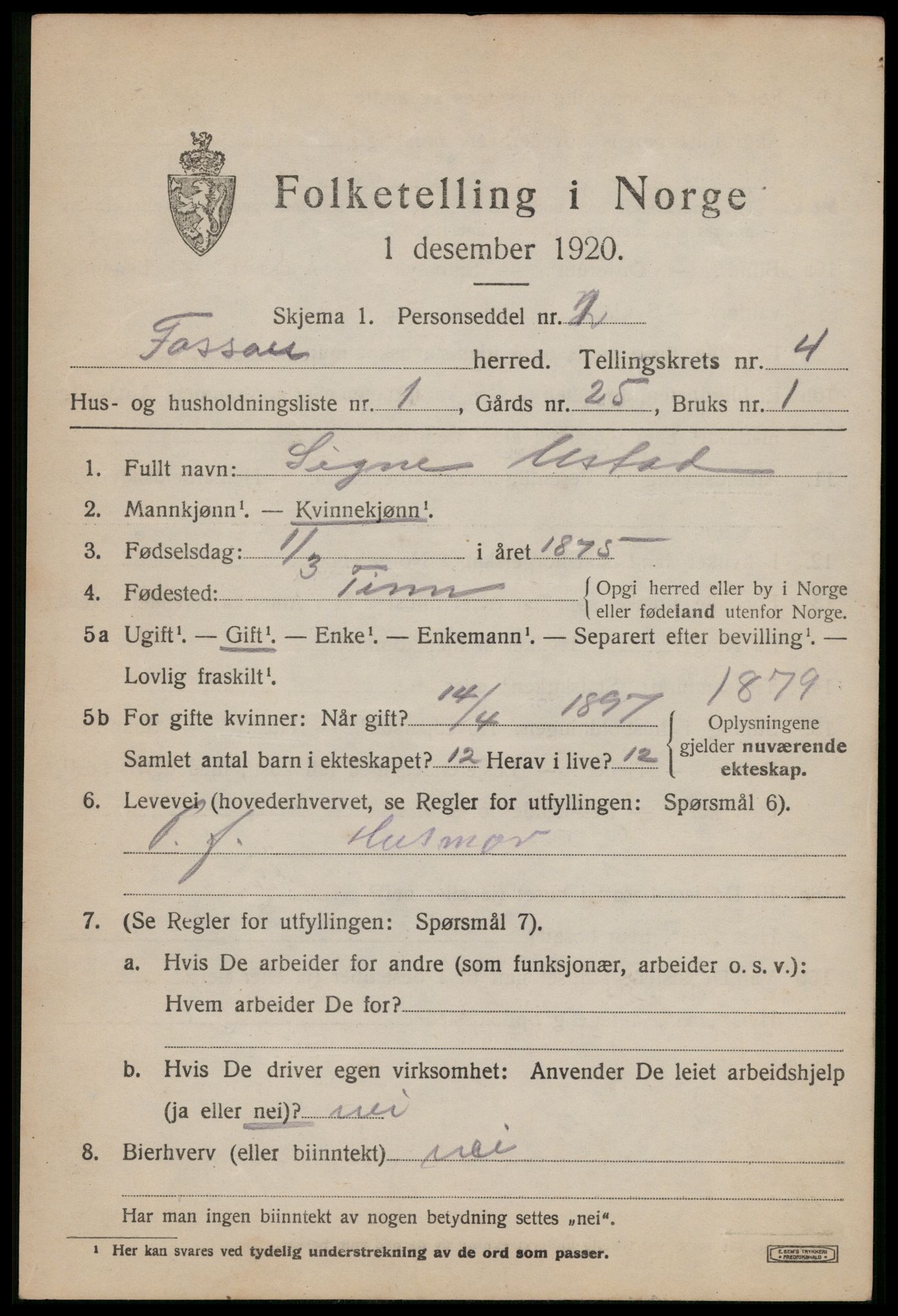 SAST, 1920 census for Forsand, 1920, p. 1619