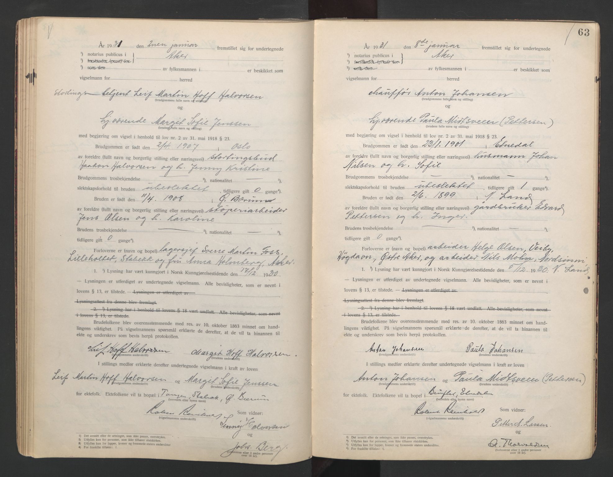 Aker sorenskriveri, AV/SAO-A-10895/L/Lc/Lcb/L0005: Vigselprotokoll, 1929-1931, p. 63