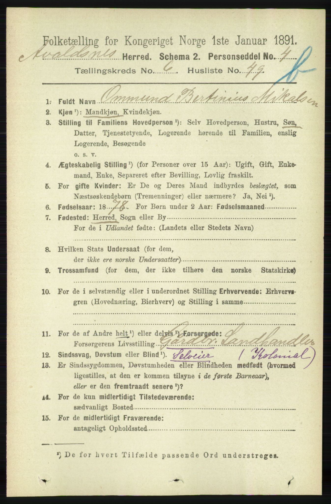 RA, 1891 census for 1147 Avaldsnes, 1891, p. 3510