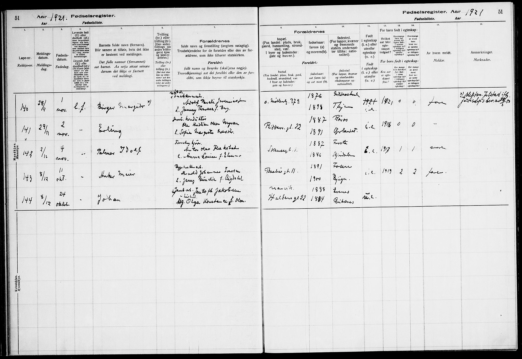 Ministerialprotokoller, klokkerbøker og fødselsregistre - Sør-Trøndelag, AV/SAT-A-1456/604/L0233: Birth register no. 604.II.4.2, 1920-1928, p. 51