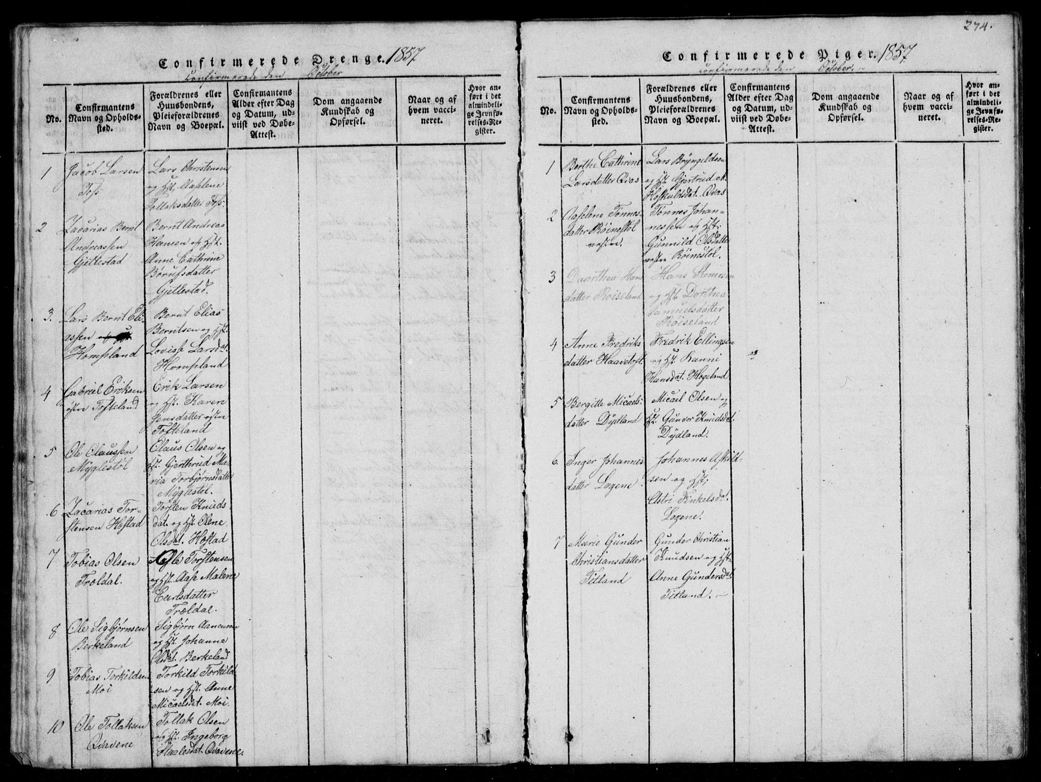 Lyngdal sokneprestkontor, AV/SAK-1111-0029/F/Fb/Fbb/L0001: Parish register (copy) no. B 1, 1816-1900, p. 274