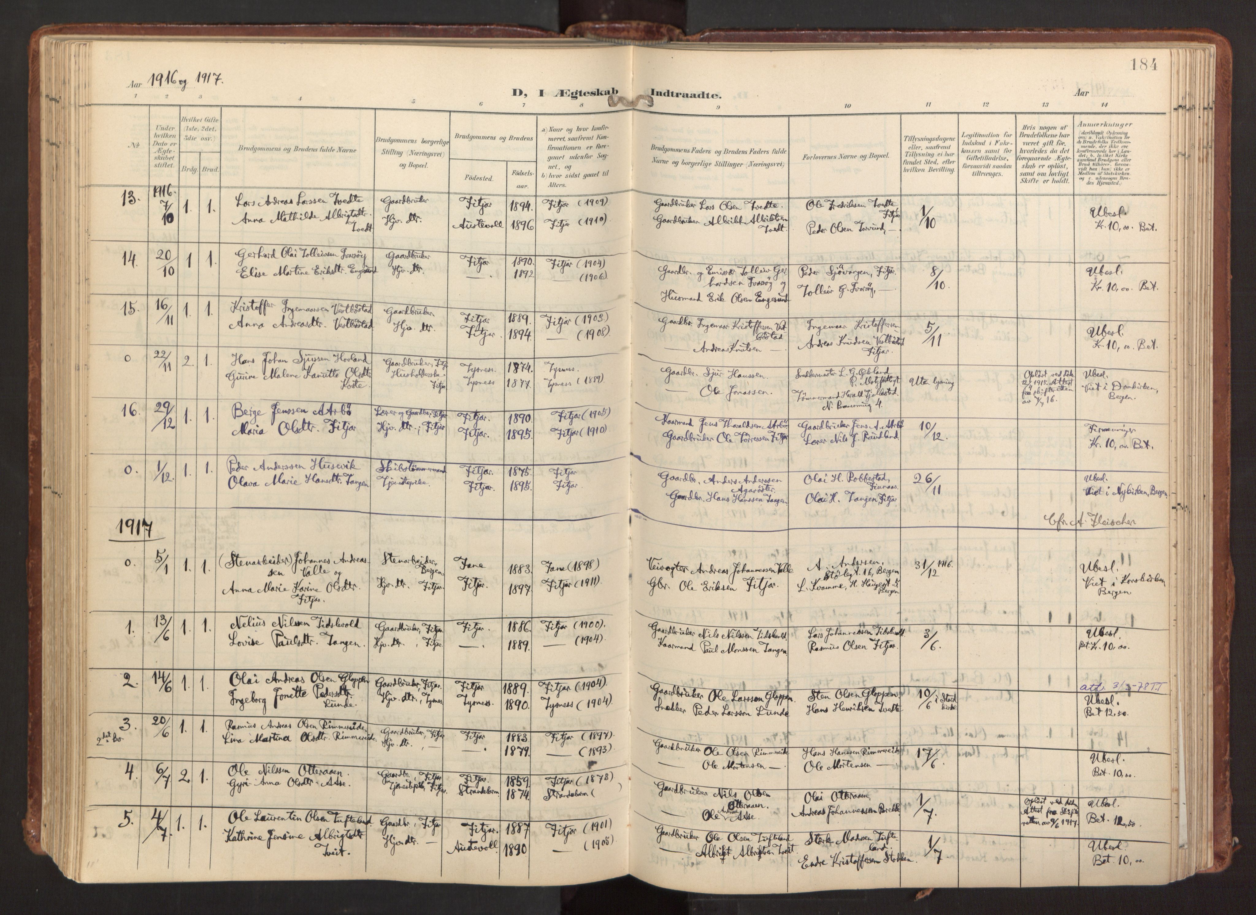 Fitjar sokneprestembete, SAB/A-99926: Parish register (official) no. A 3, 1900-1918, p. 184