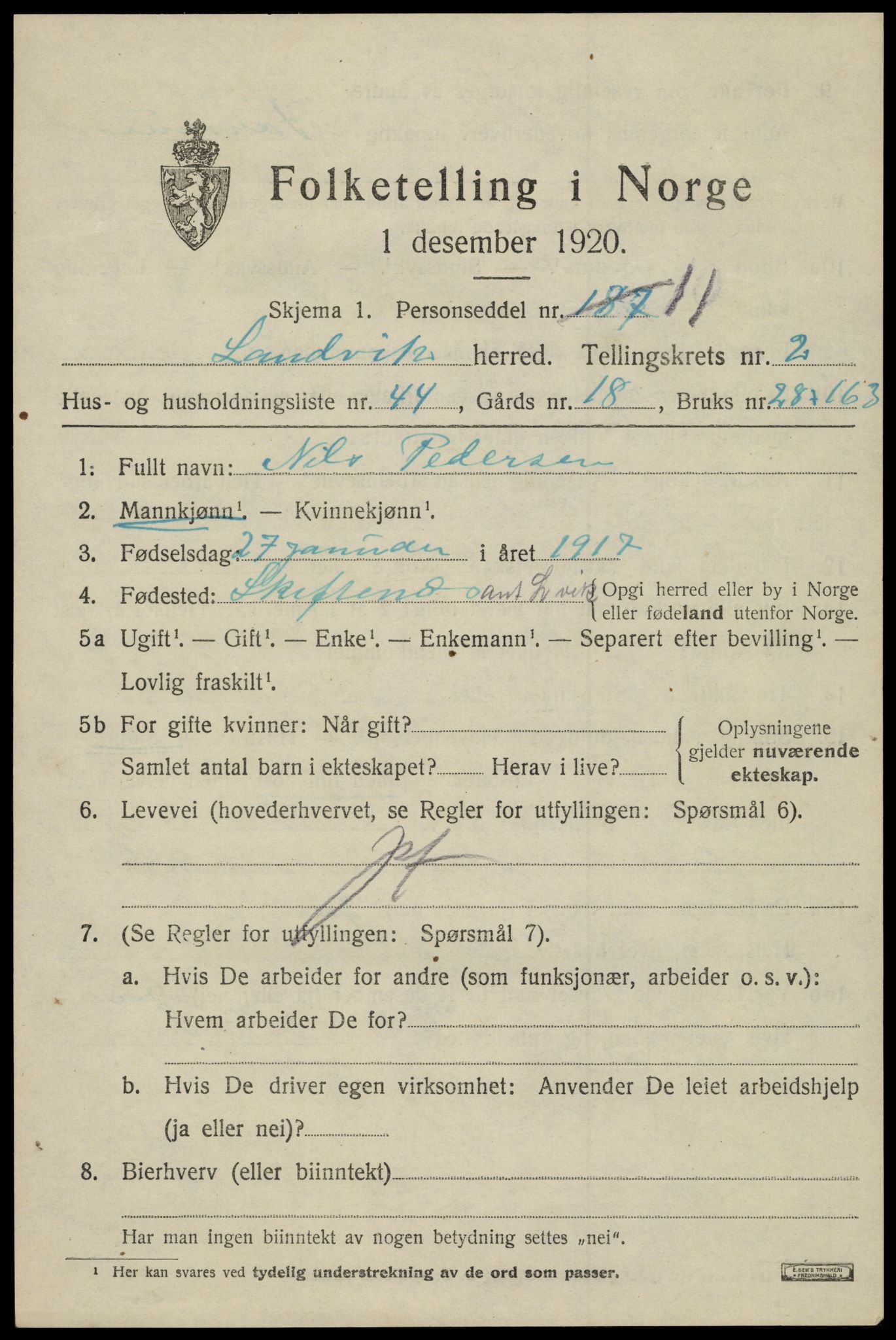 SAK, 1920 census for Landvik, 1920, p. 2140