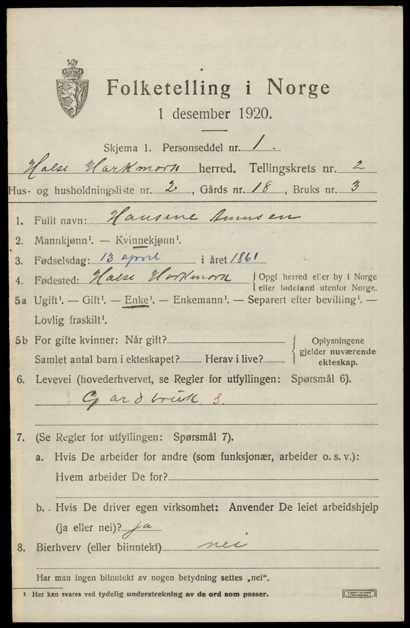 SAK, 1920 census for Halse og Harkmark, 1920, p. 2043