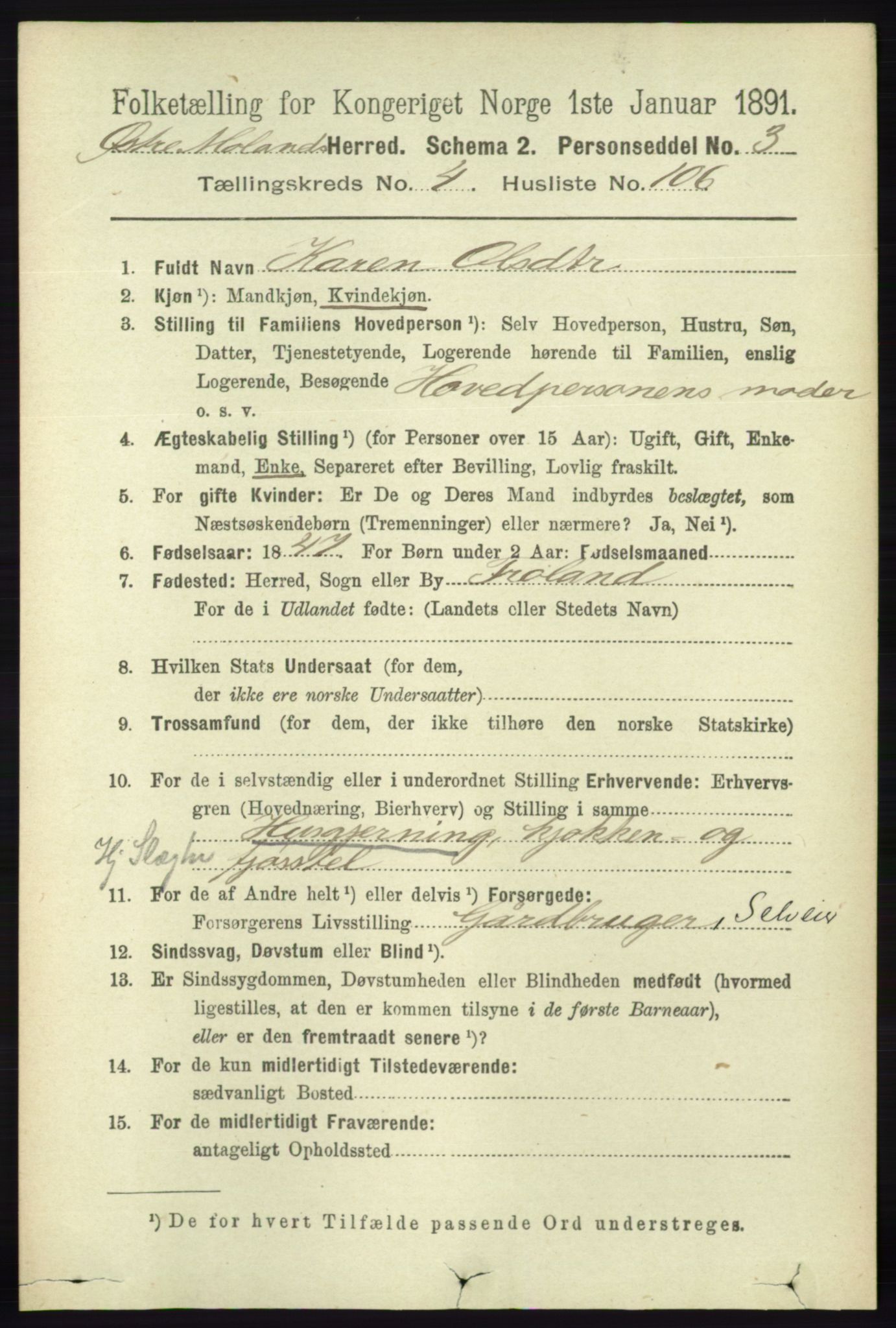 RA, 1891 census for 0918 Austre Moland, 1891, p. 2614