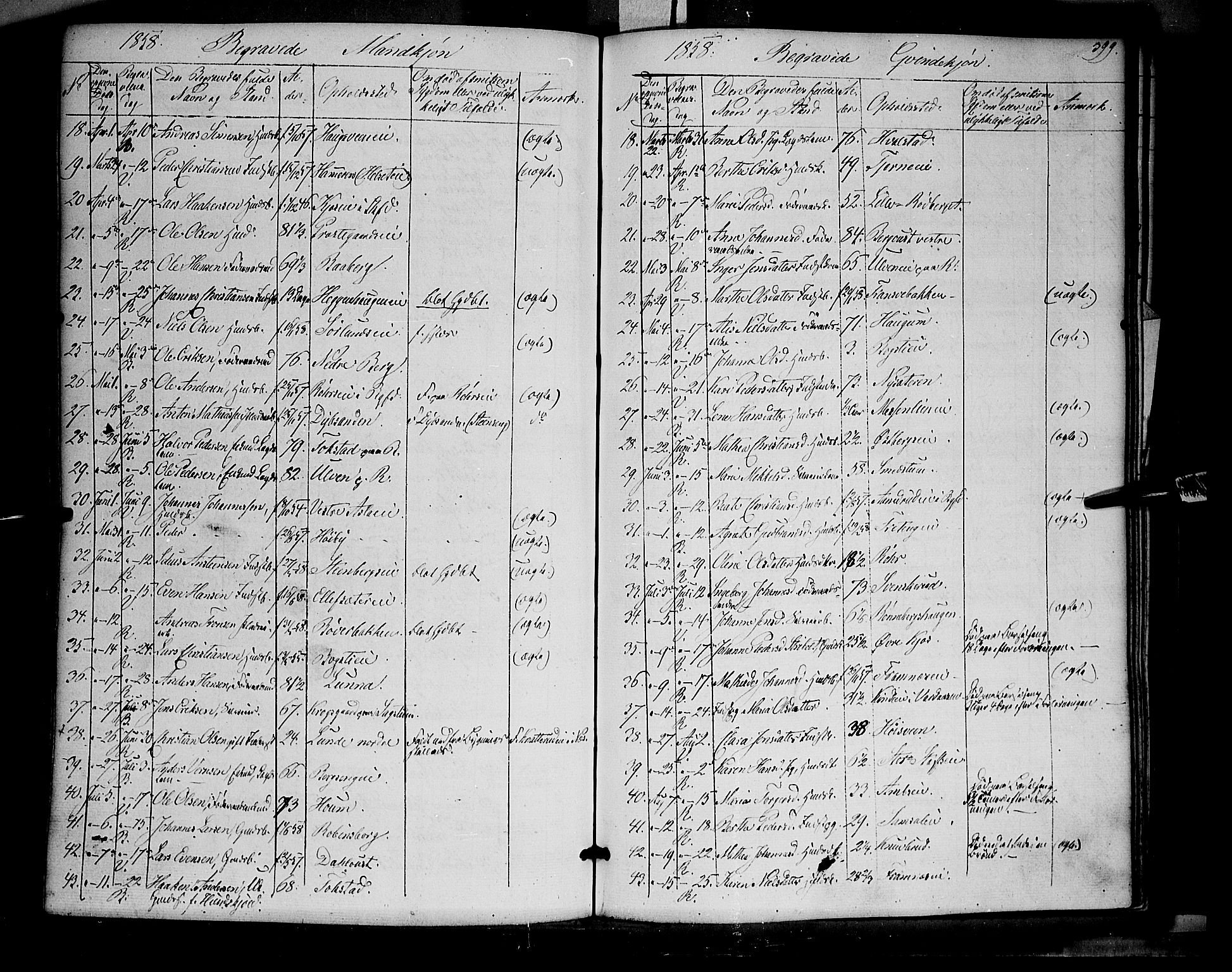 Ringsaker prestekontor, AV/SAH-PREST-014/K/Ka/L0009: Parish register (official) no. 9, 1850-1860, p. 399