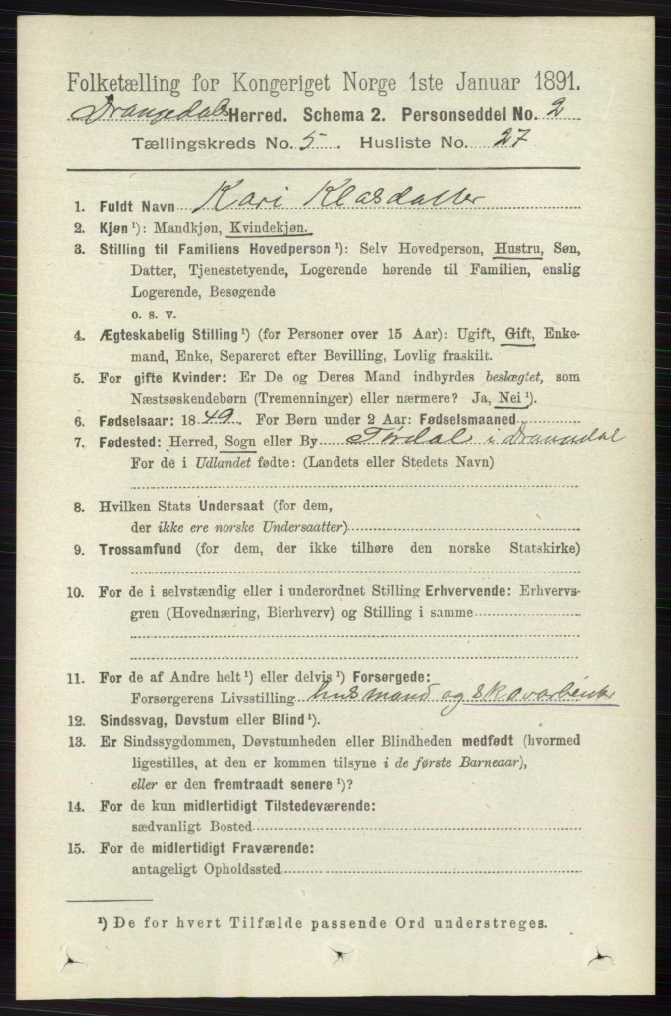 RA, 1891 census for 0817 Drangedal, 1891, p. 1842