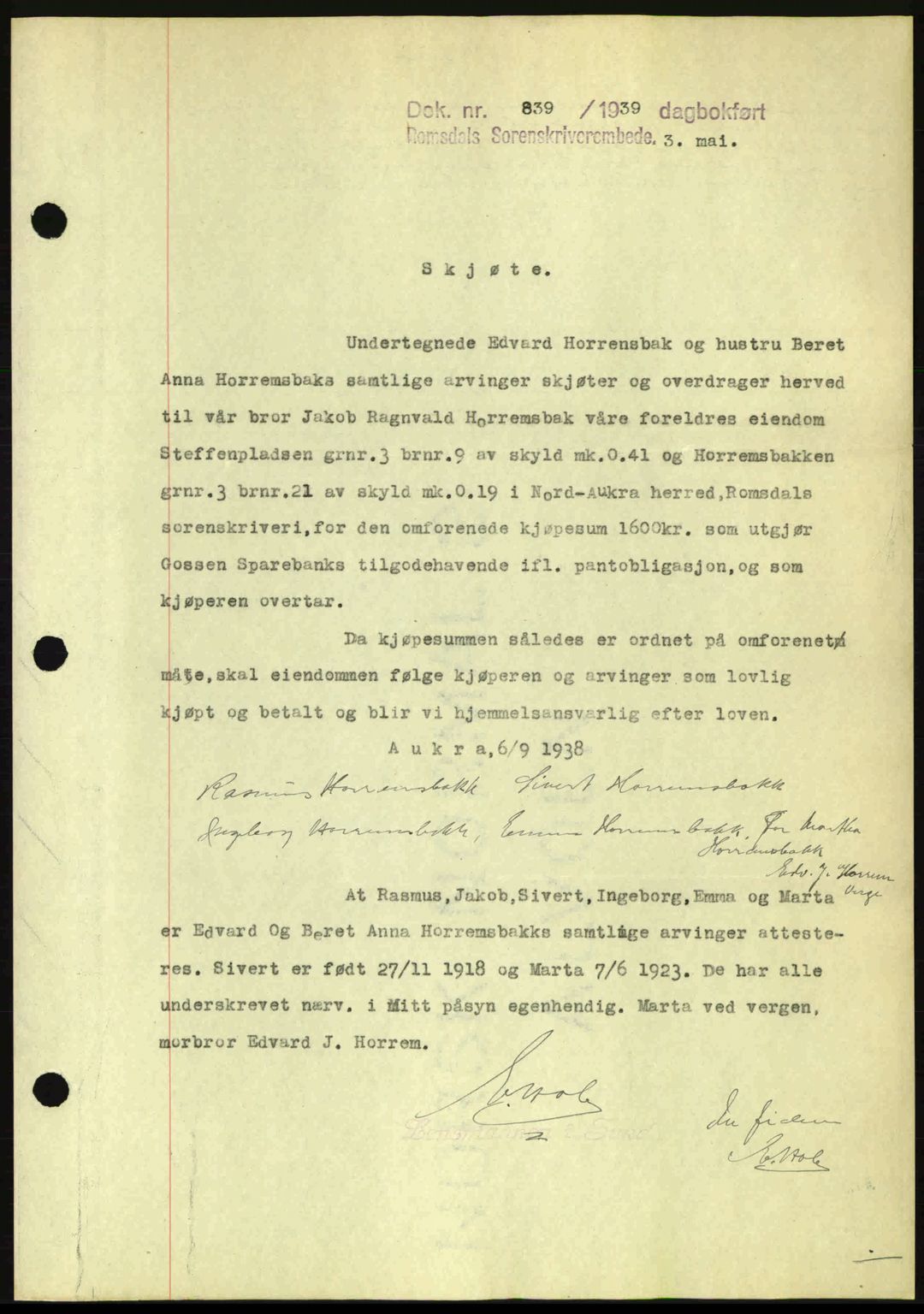 Romsdal sorenskriveri, AV/SAT-A-4149/1/2/2C: Mortgage book no. A6, 1938-1939, Diary no: : 839/1939