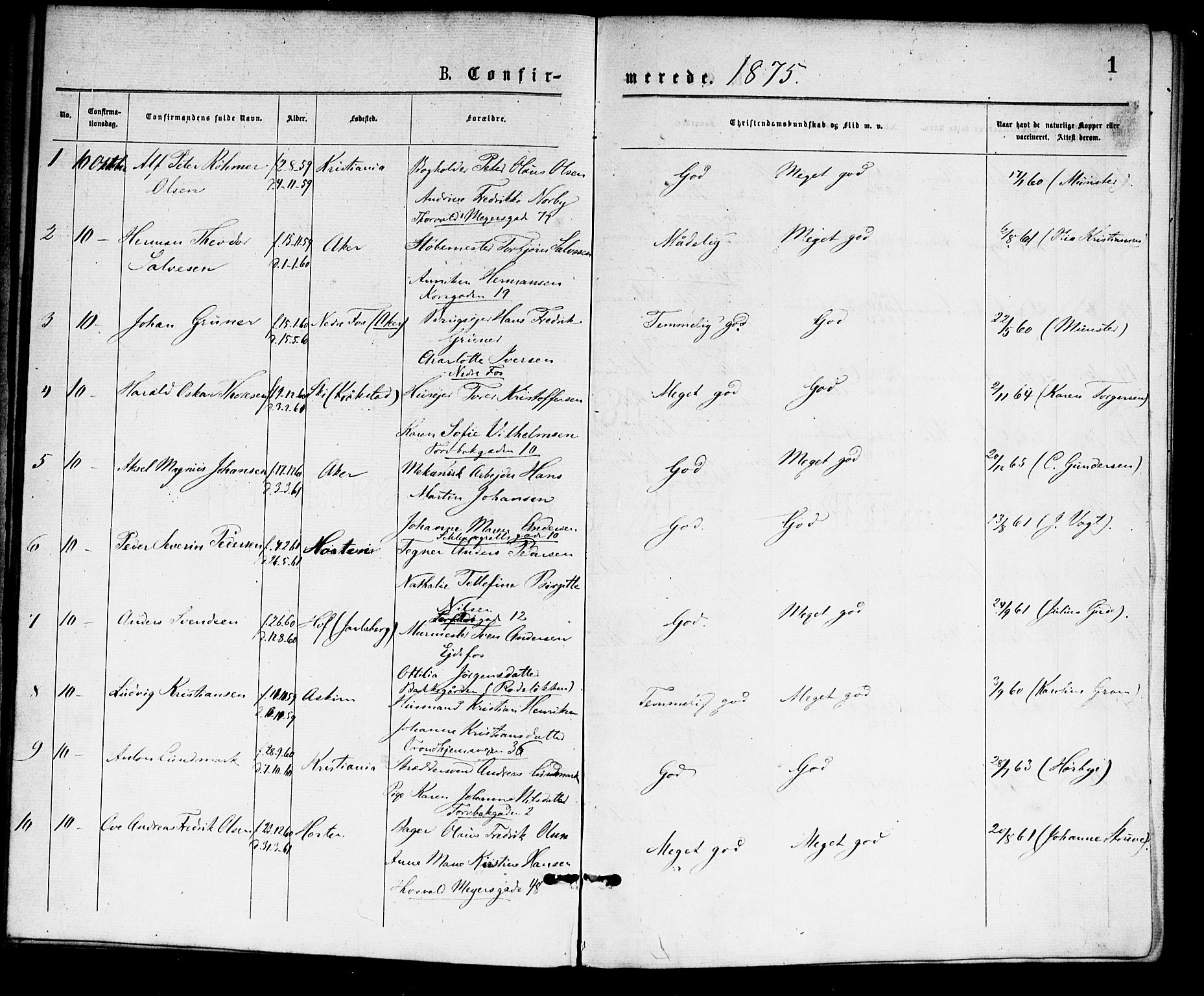 Paulus prestekontor Kirkebøker, SAO/A-10871/F/Fa/L0002: Parish register (official) no. 2, 1875-1878, p. 1
