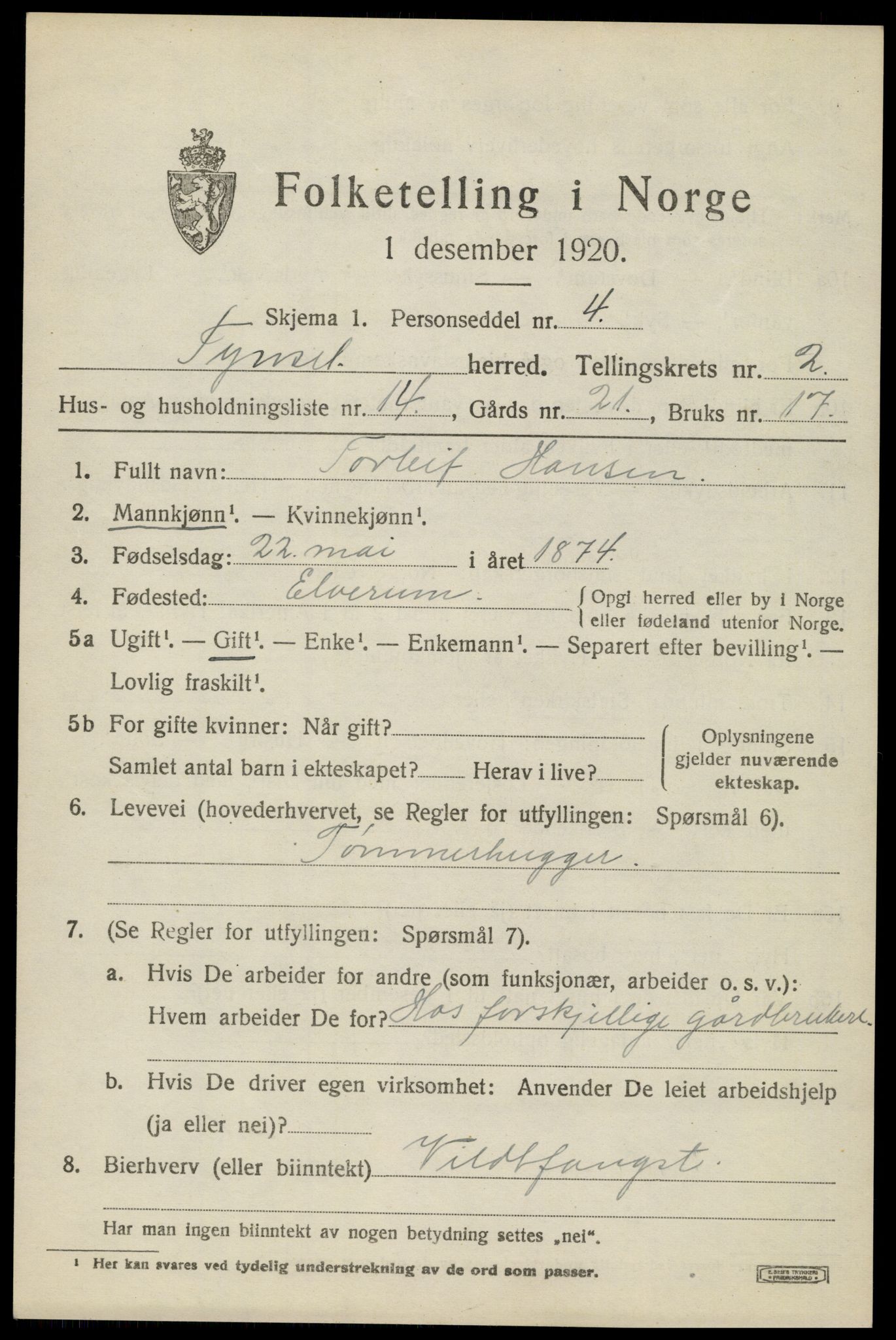 SAH, 1920 census for Tynset, 1920, p. 2452