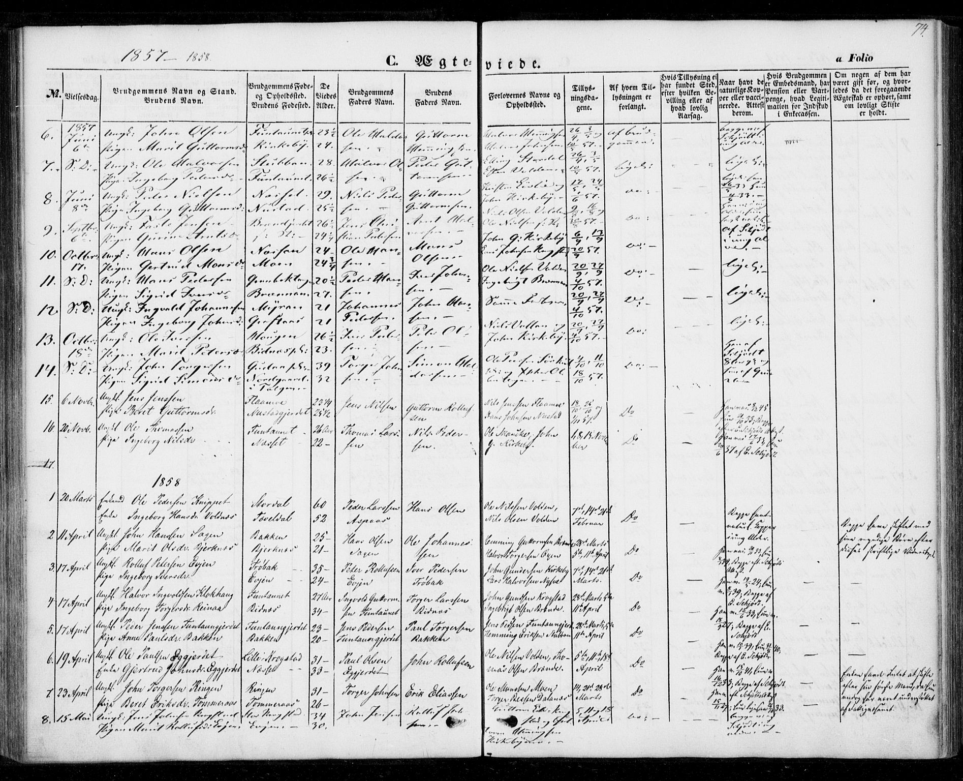 Ministerialprotokoller, klokkerbøker og fødselsregistre - Nord-Trøndelag, SAT/A-1458/706/L0040: Parish register (official) no. 706A01, 1850-1861, p. 74
