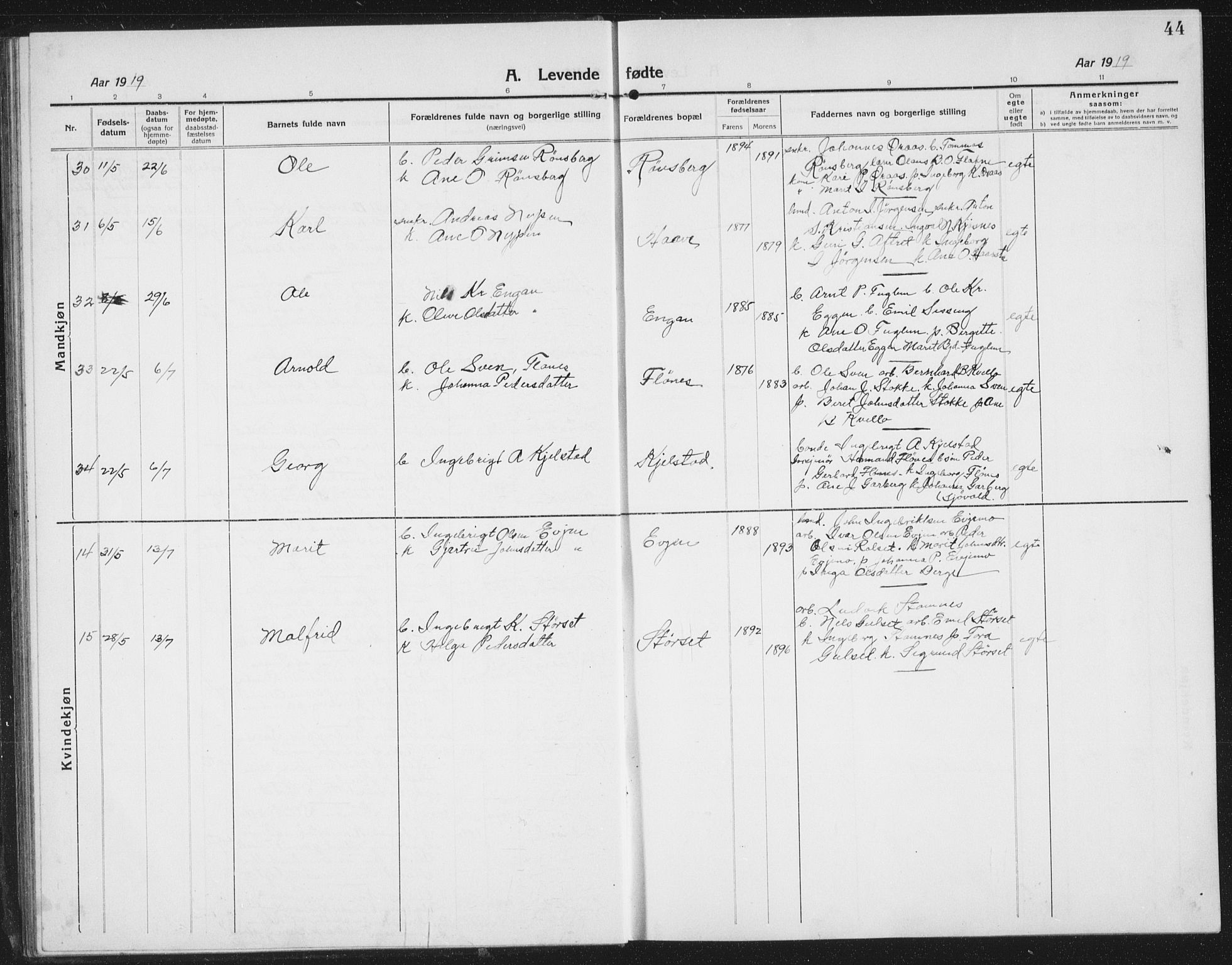 Ministerialprotokoller, klokkerbøker og fødselsregistre - Sør-Trøndelag, AV/SAT-A-1456/695/L1158: Parish register (copy) no. 695C09, 1913-1940, p. 44