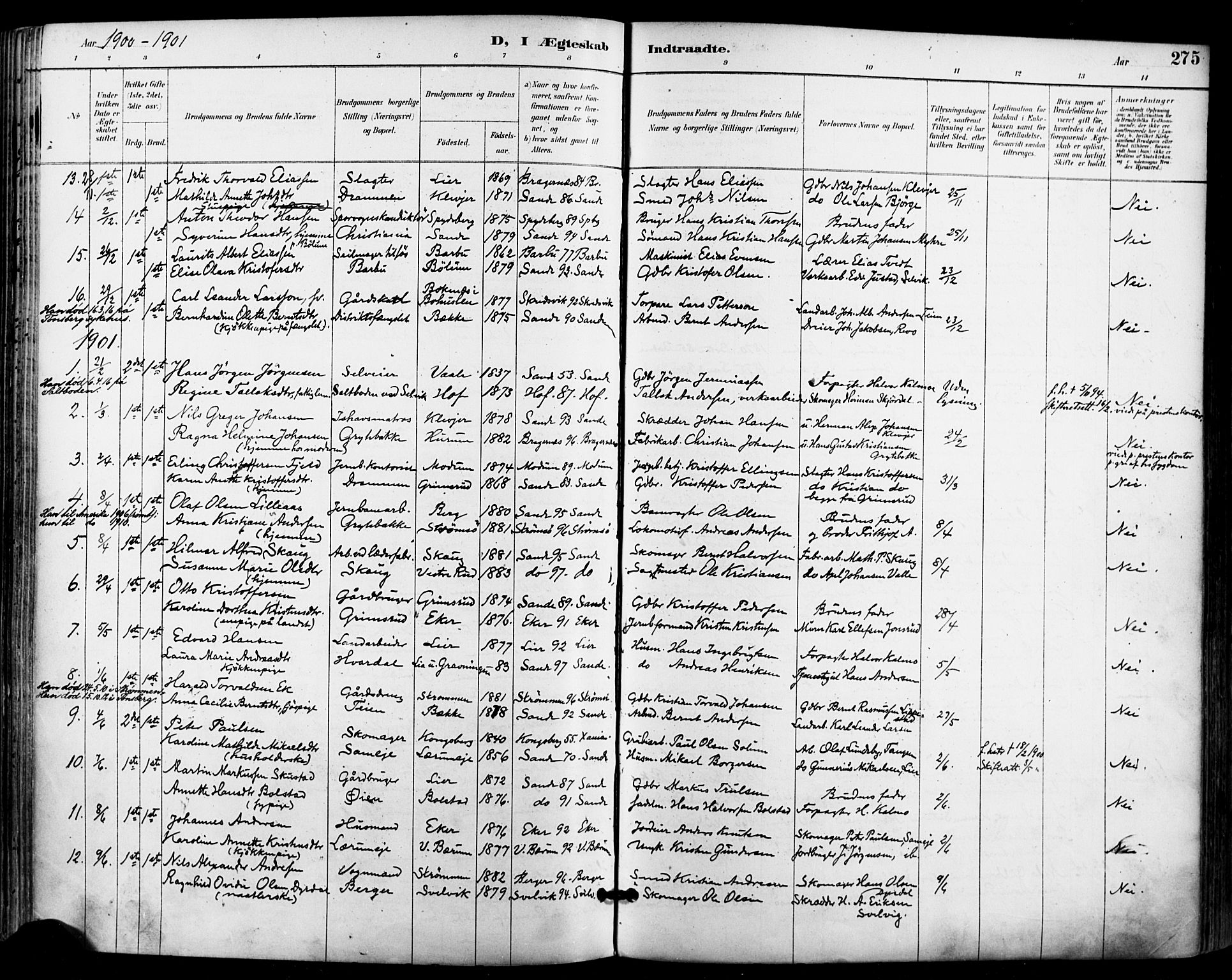 Sande Kirkebøker, SAKO/A-53/F/Fa/L0007: Parish register (official) no. 7, 1888-1903, p. 275