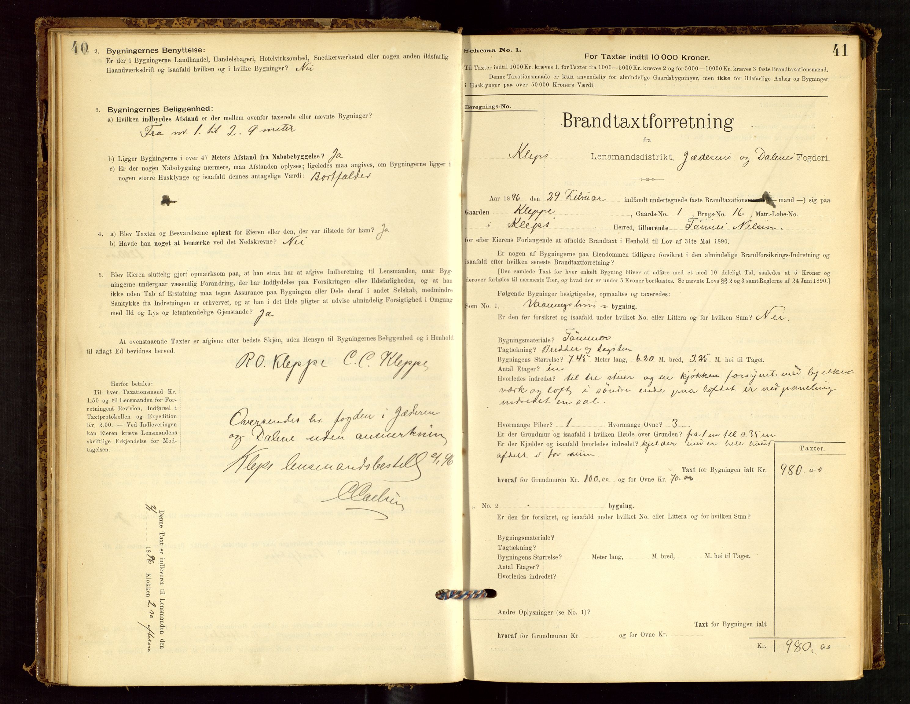 Klepp lensmannskontor, SAST/A-100163/Goc/L0001: "Brandtaxationsprotokol" m/register, 1895-1898, p. 40-41