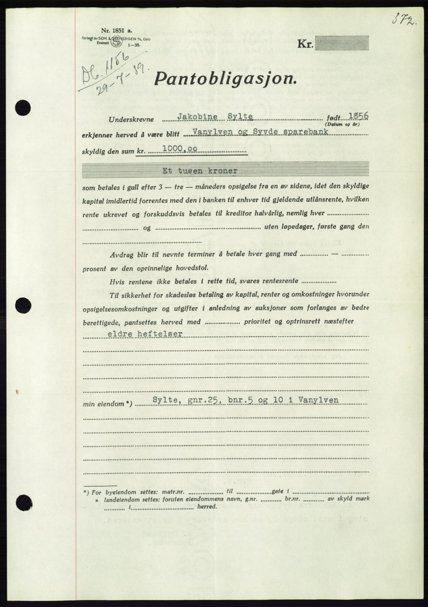 Søre Sunnmøre sorenskriveri, AV/SAT-A-4122/1/2/2C/L0068: Mortgage book no. 62, 1939-1939, Diary no: : 1156/1939