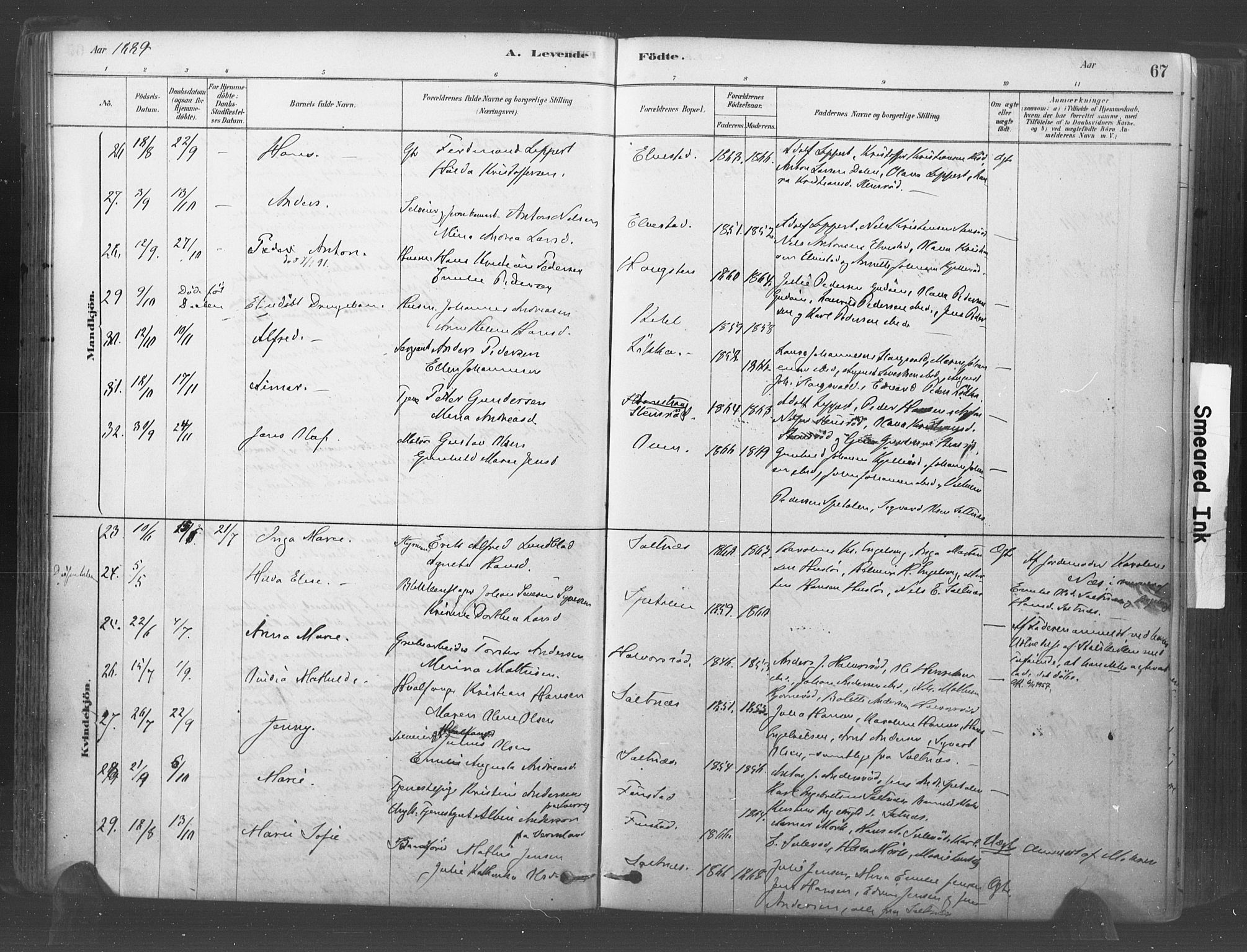 Råde prestekontor kirkebøker, AV/SAO-A-2009/F/Fa/L0007: Parish register (official) no. 7, 1878-1902, p. 67