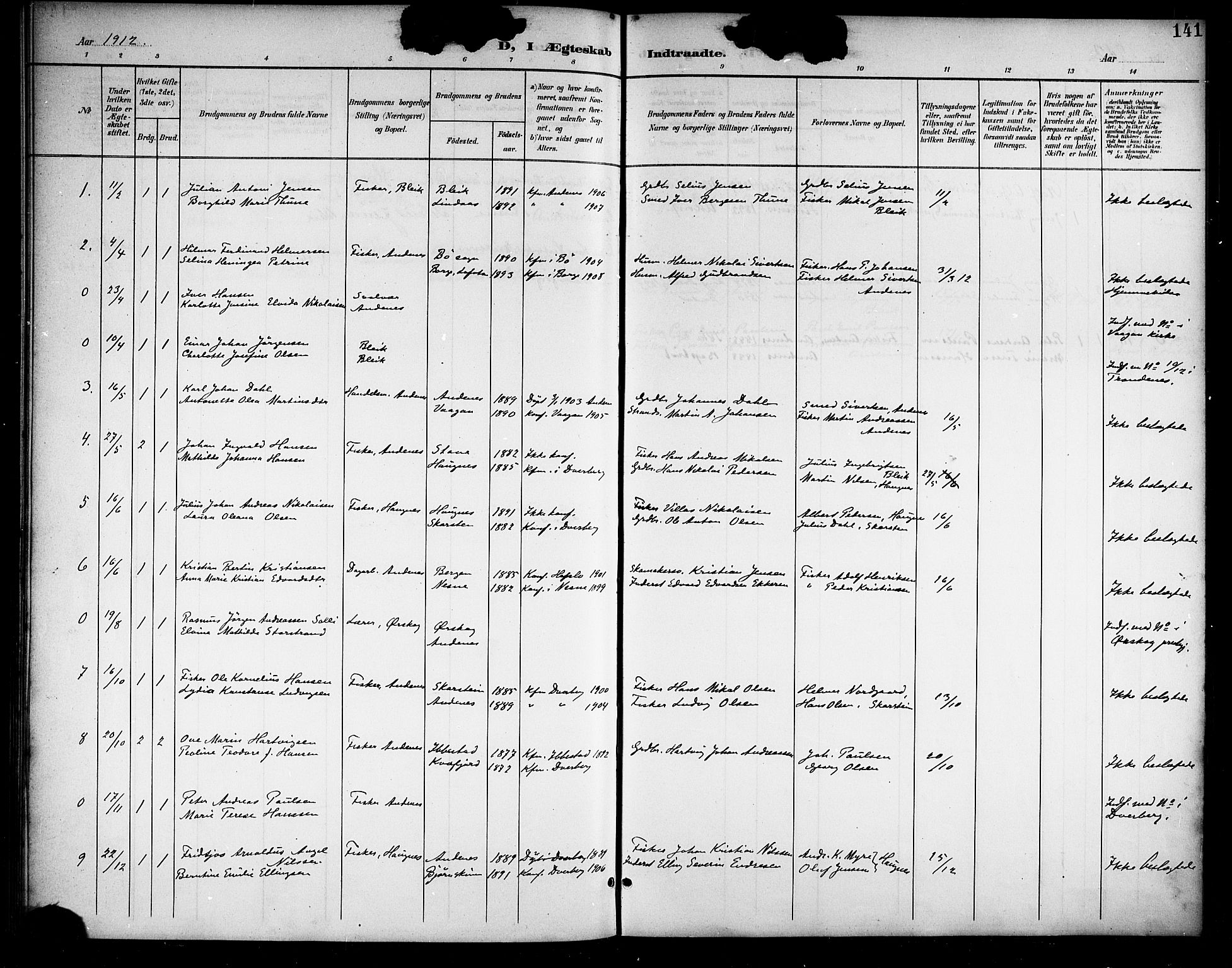 Ministerialprotokoller, klokkerbøker og fødselsregistre - Nordland, SAT/A-1459/899/L1449: Parish register (copy) no. 899C04, 1900-1918, p. 141