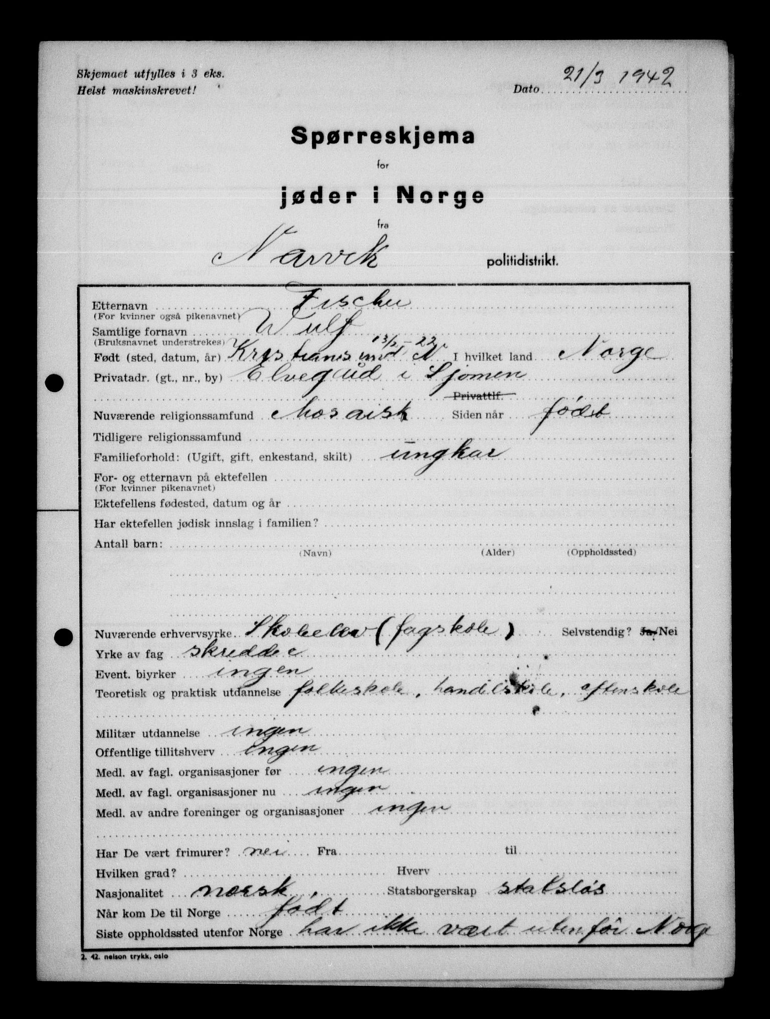 Statspolitiet - Hovedkontoret / Osloavdelingen, AV/RA-S-1329/G/Ga/L0012: Spørreskjema for jøder i Norge. 1: Aker 114- 207 (Levinson-Wozak) og 656 (Salomon). 2: Arendal-Hordaland. 3: Horten-Romerike.  , 1942, p. 823