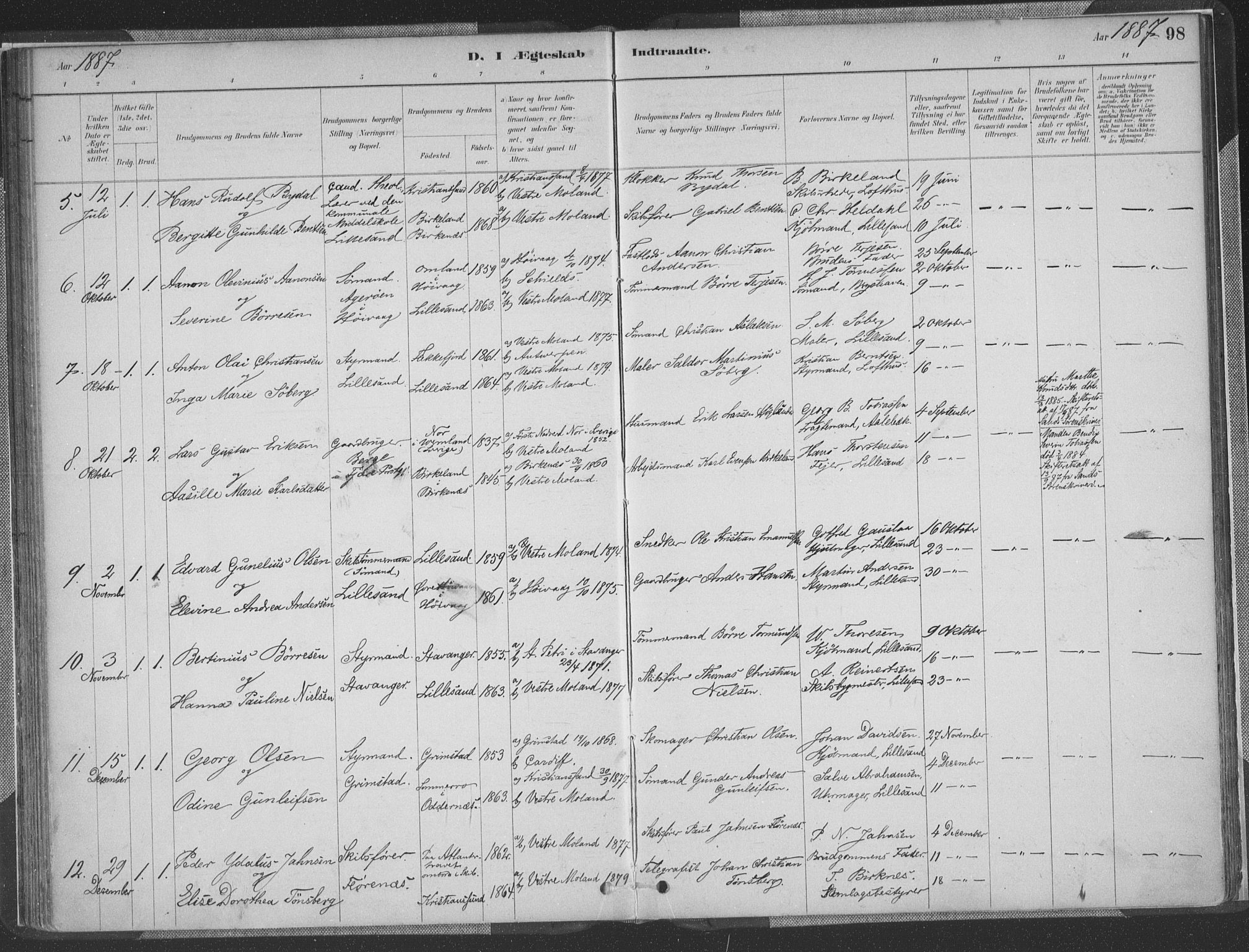 Vestre Moland sokneprestkontor, AV/SAK-1111-0046/F/Fa/Faa/L0001: Parish register (official) no. A 1, 1884-1899, p. 98