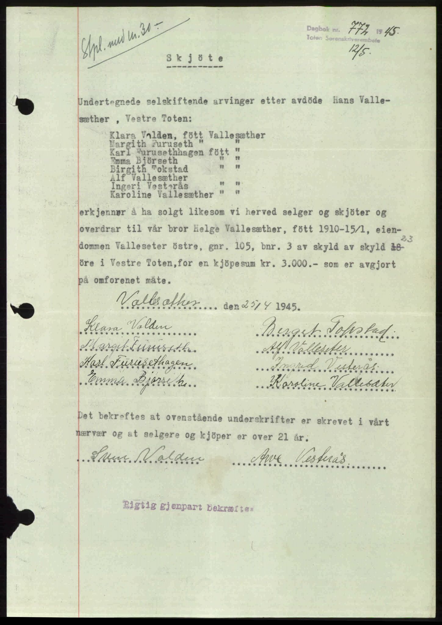 Toten tingrett, SAH/TING-006/H/Hb/Hbc/L0013: Mortgage book no. Hbc-13, 1945-1945, Diary no: : 772/1945