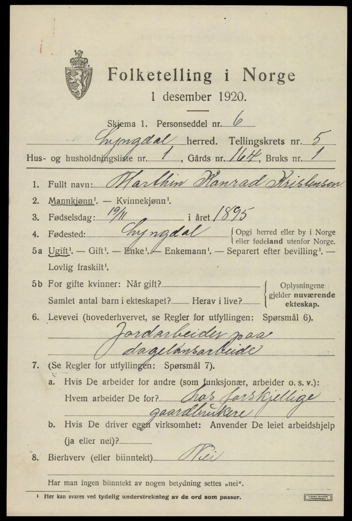 SAK, 1920 census for Lyngdal, 1920, p. 3015