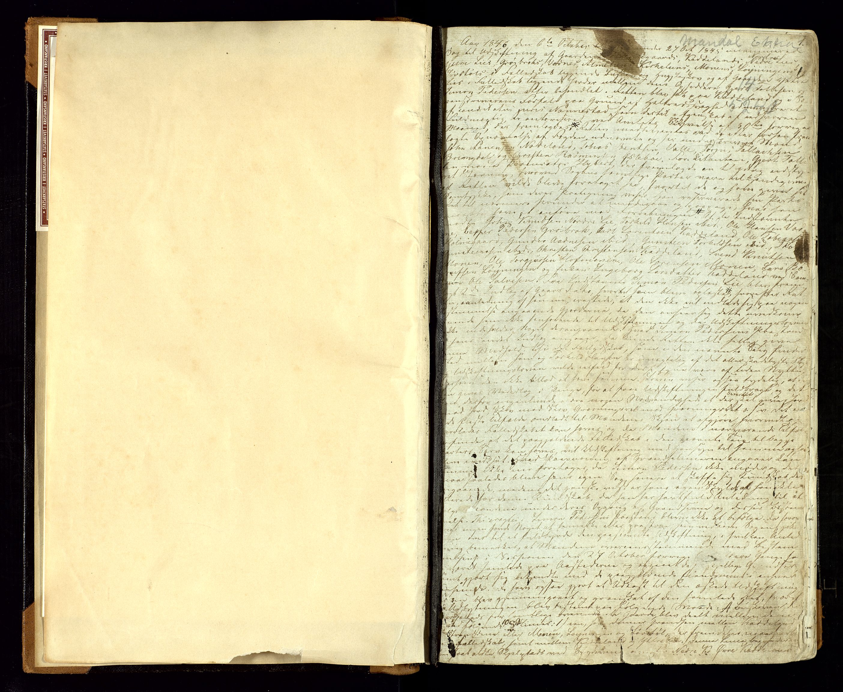 Mandal sorenskriveri, SAK/1221-0005/001/F/Fb/L0016: Ekstrarettsprotokoll med register for fast eiendom nr 14, 1846-1853, p. 1