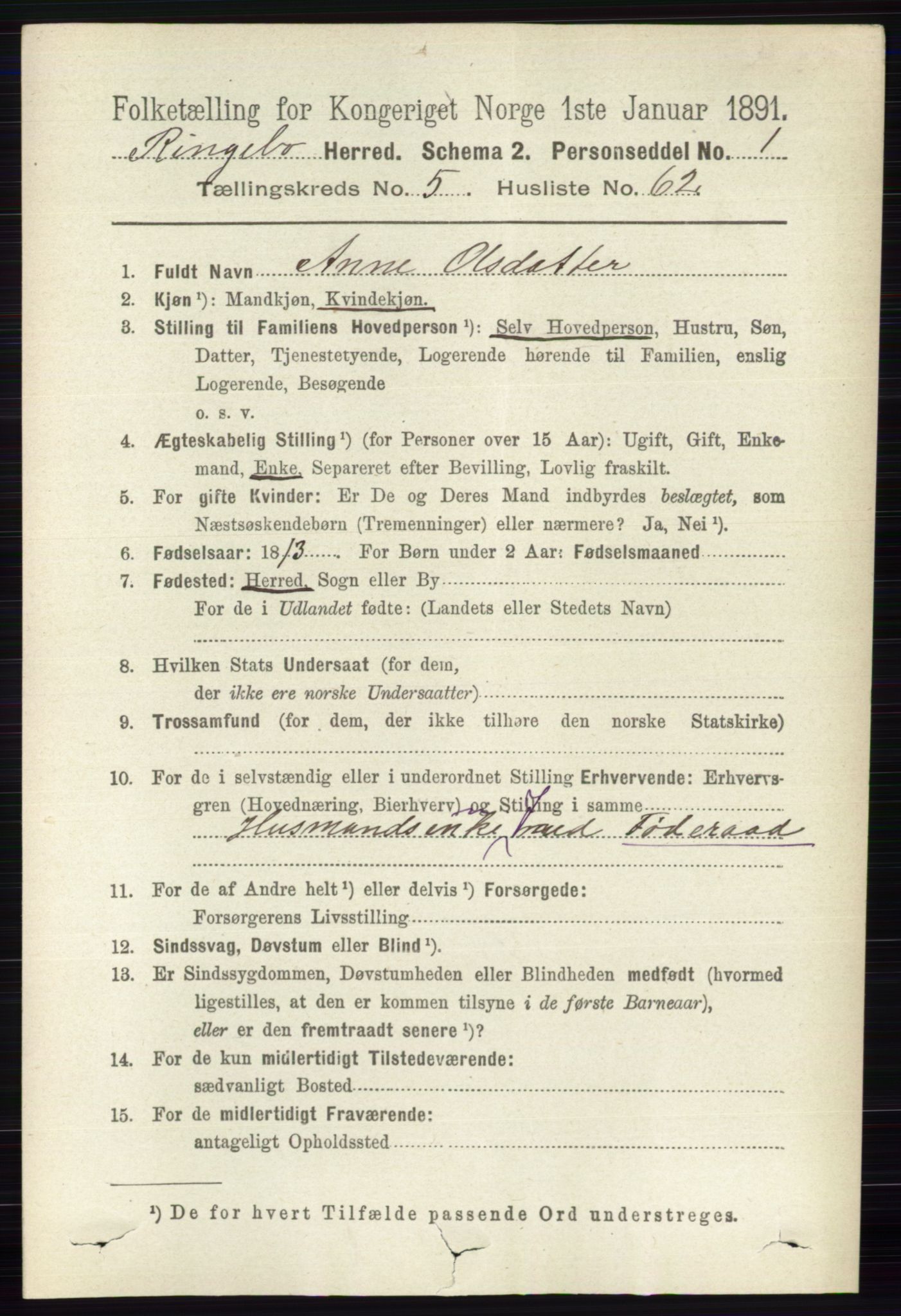 RA, 1891 census for 0520 Ringebu, 1891, p. 2350