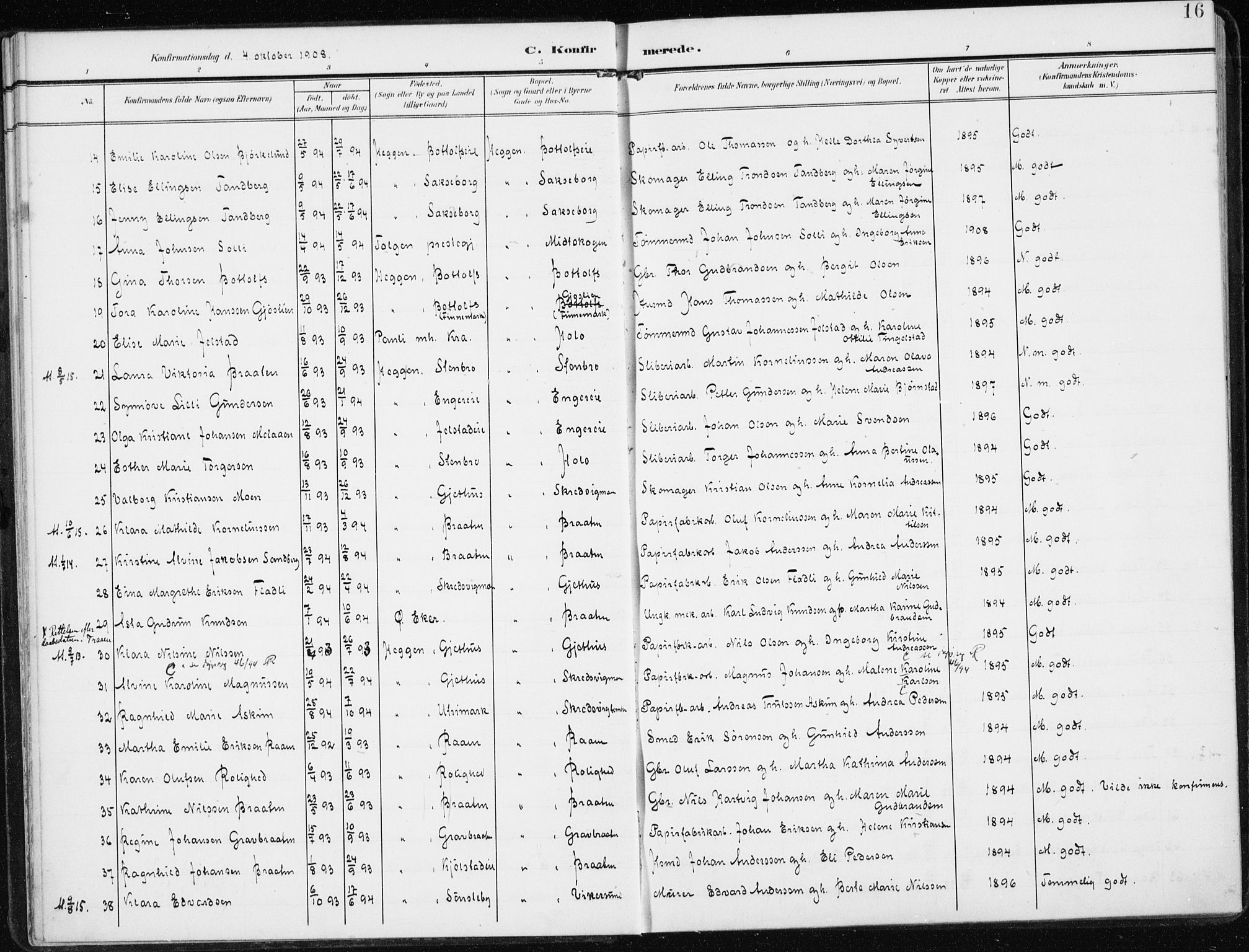 Modum kirkebøker, SAKO/A-234/F/Fa/L0014b: Parish register (official) no. 14B, 1906-1917, p. 16