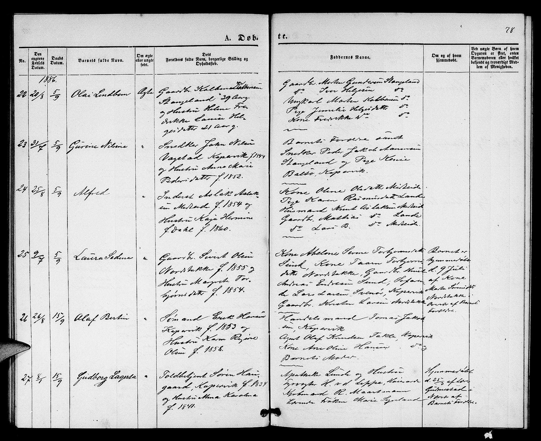 Kopervik sokneprestkontor, SAST/A-101850/H/Ha/Hab/L0001: Parish register (copy) no. B 1, 1877-1891, p. 78