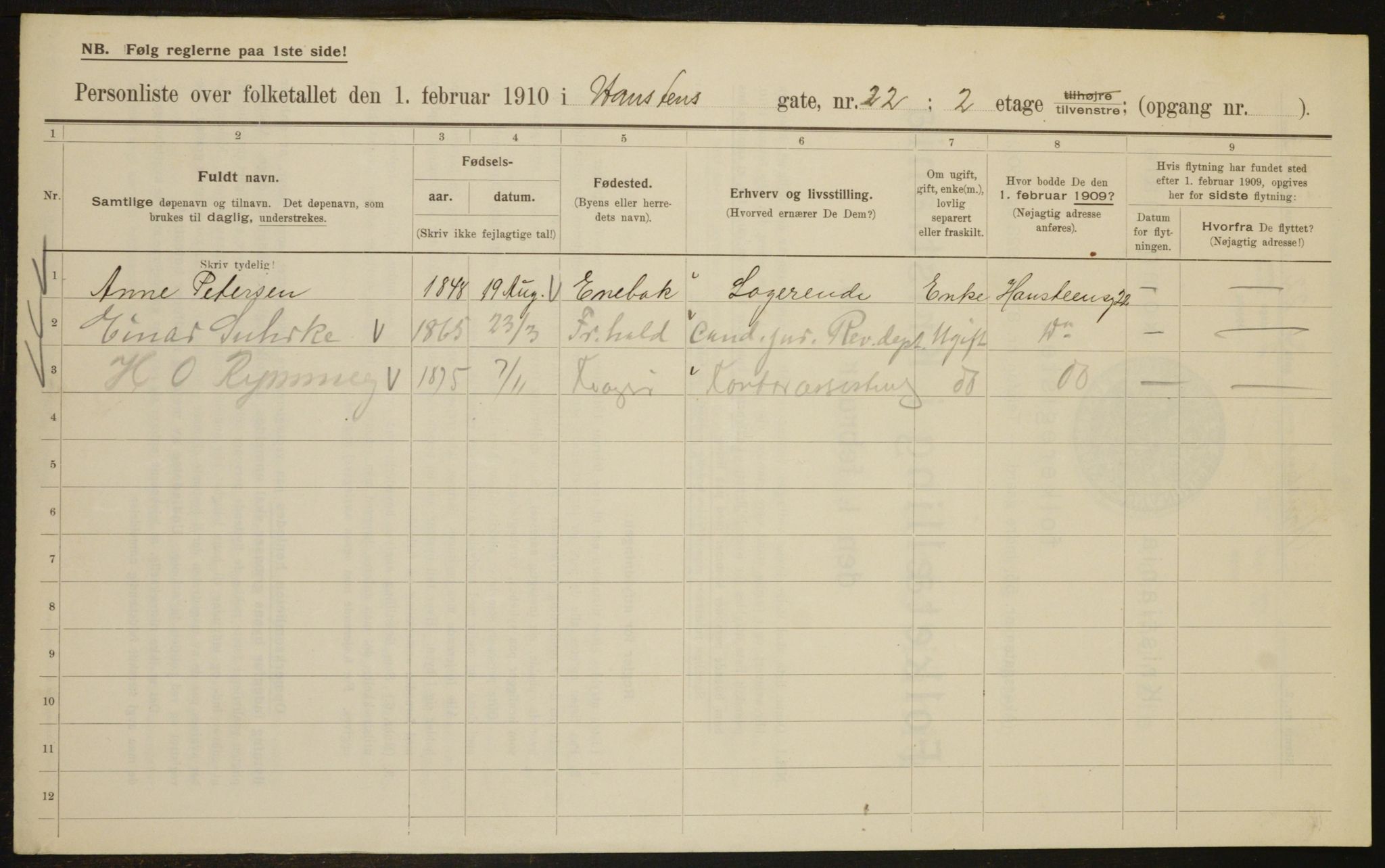 OBA, Municipal Census 1910 for Kristiania, 1910, p. 32851