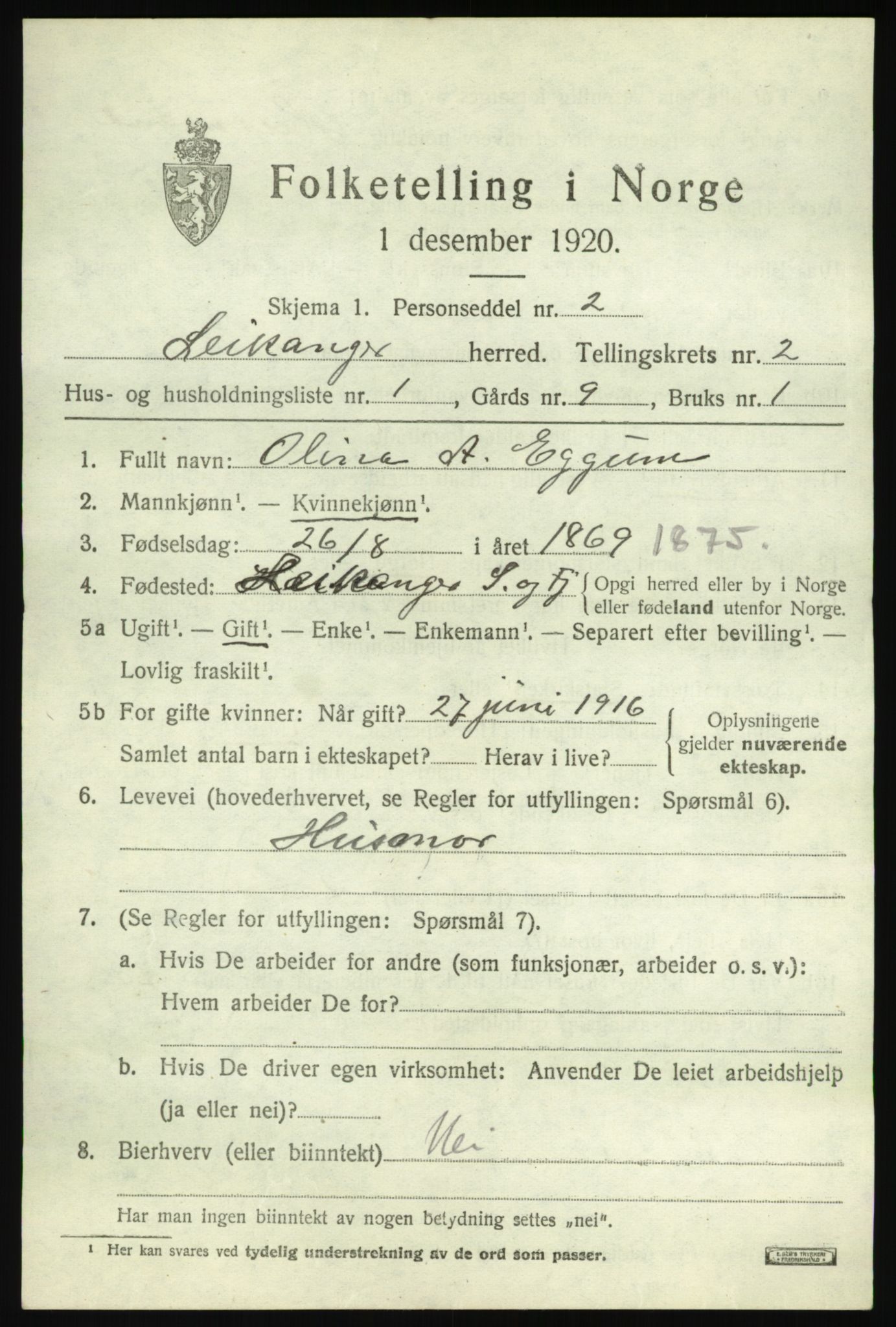 SAB, 1920 census for Leikanger, 1920, p. 1408