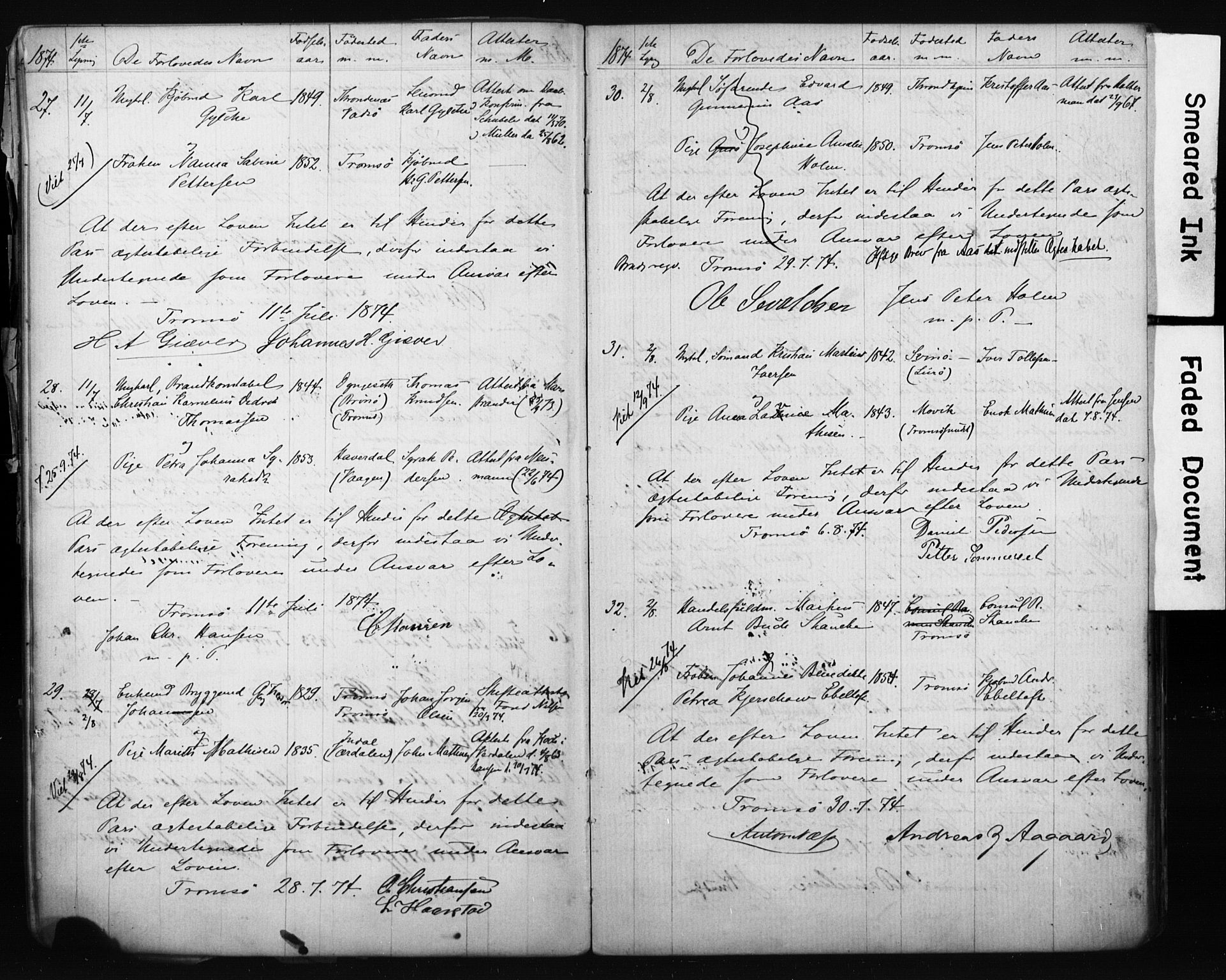 Tromsø sokneprestkontor/stiftsprosti/domprosti, AV/SATØ-S-1343/H/Hc/L0098: Banns register no. 98, 1872-1883