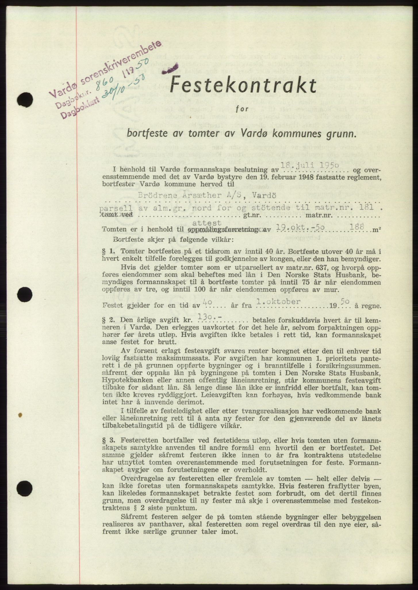Vardø fogderi-sorenskriveri, AV/SATØ-S-0060/1/L/Li/L0001pantebokB: Mortgage book no. B1 - B4, 1936-1950, Diary no: : 860/1950