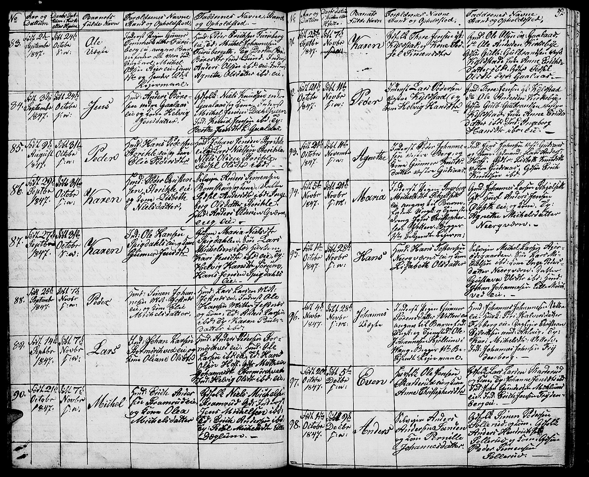 Vang prestekontor, Hedmark, SAH/PREST-008/H/Ha/Hab/L0009: Parish register (copy) no. 9, 1836-1870, p. 52