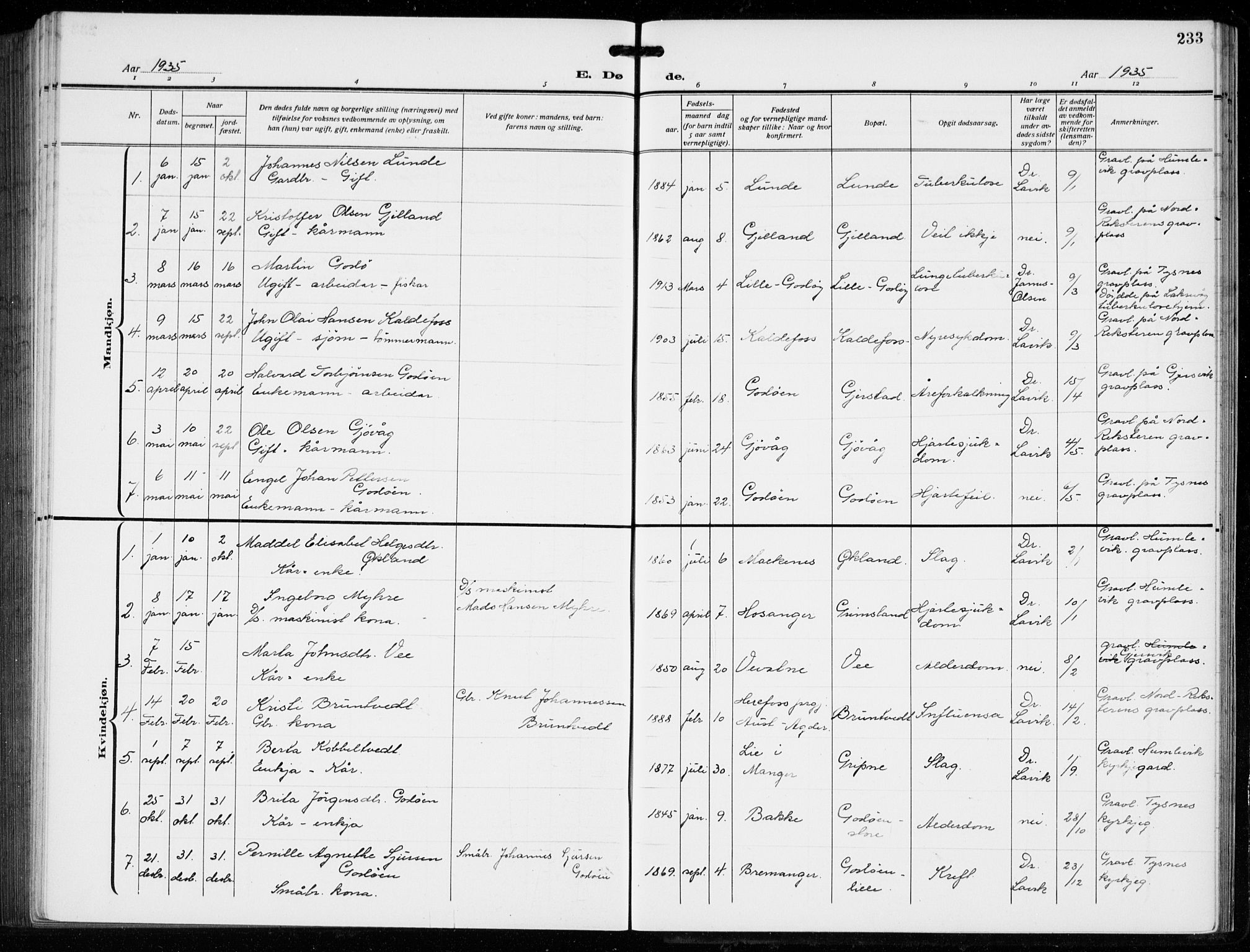 Tysnes sokneprestembete, AV/SAB-A-78601/H/Hab: Parish register (copy) no. B  3, 1918-1935, p. 233