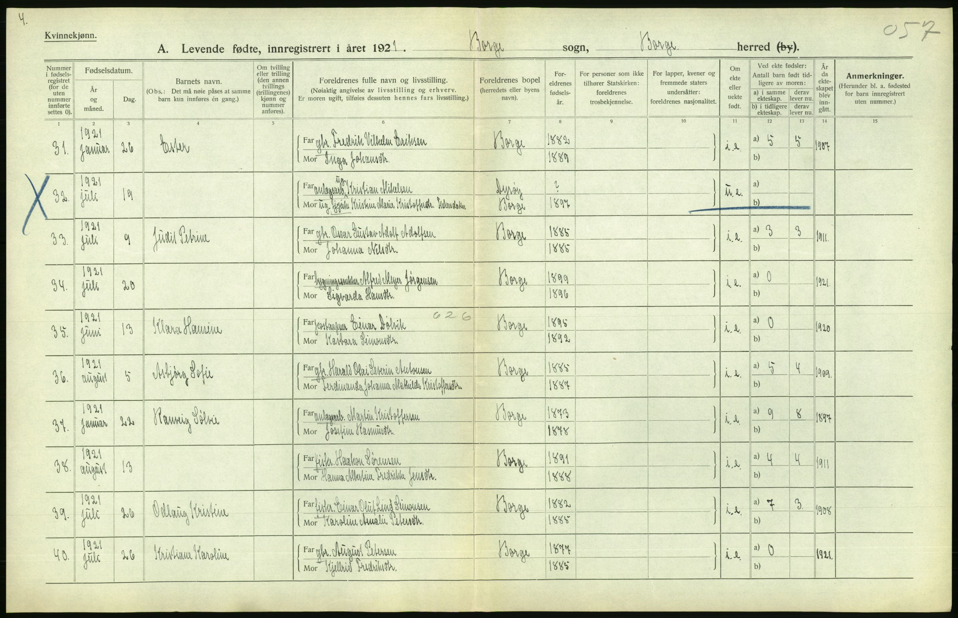 Statistisk sentralbyrå, Sosiodemografiske emner, Befolkning, AV/RA-S-2228/D/Df/Dfc/Dfca/L0049: Nordland fylke: Levendefødte menn og kvinner. Bygder., 1921, p. 330