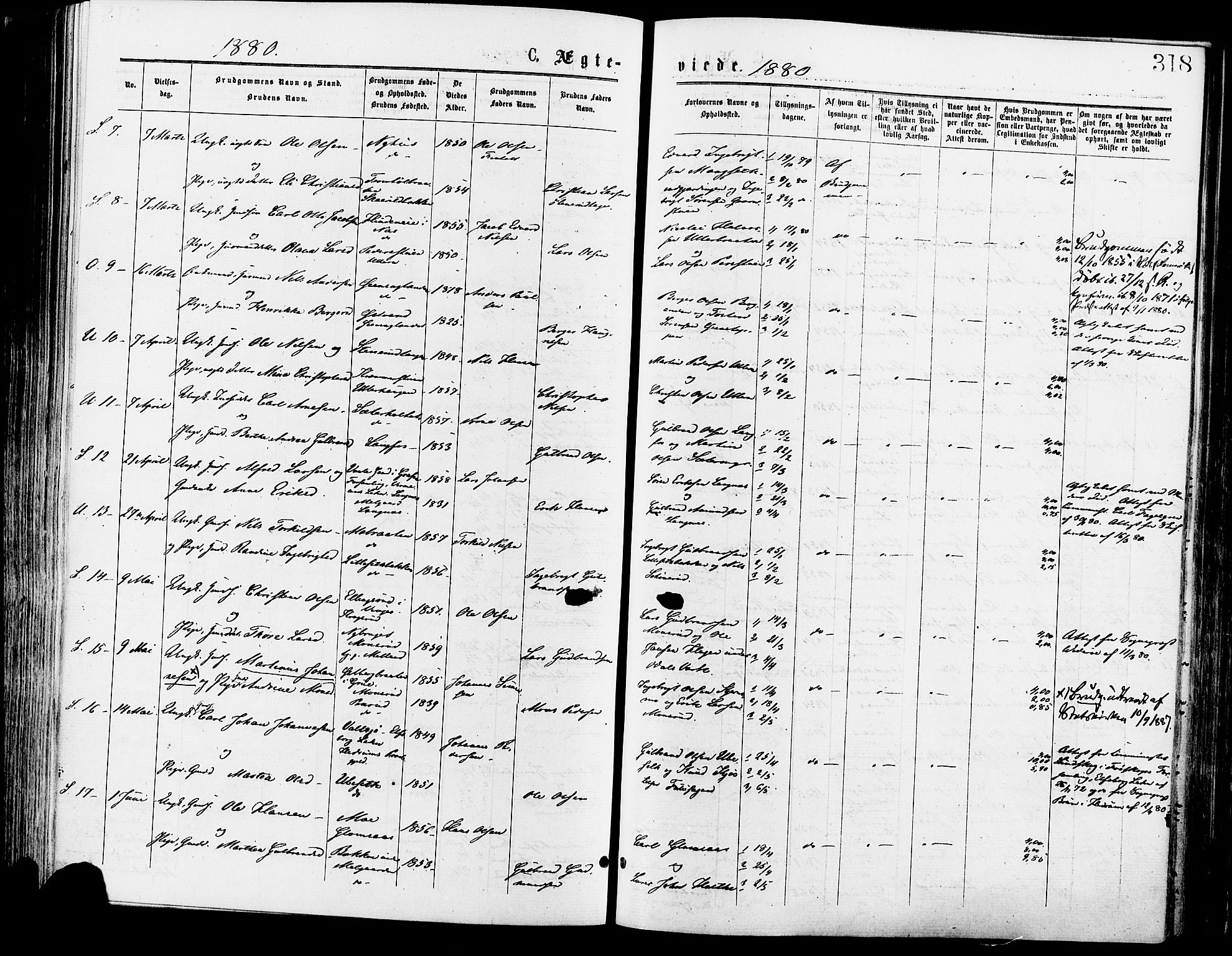 Sør-Odal prestekontor, AV/SAH-PREST-030/H/Ha/Haa/L0005: Parish register (official) no. 5, 1876-1885, p. 318